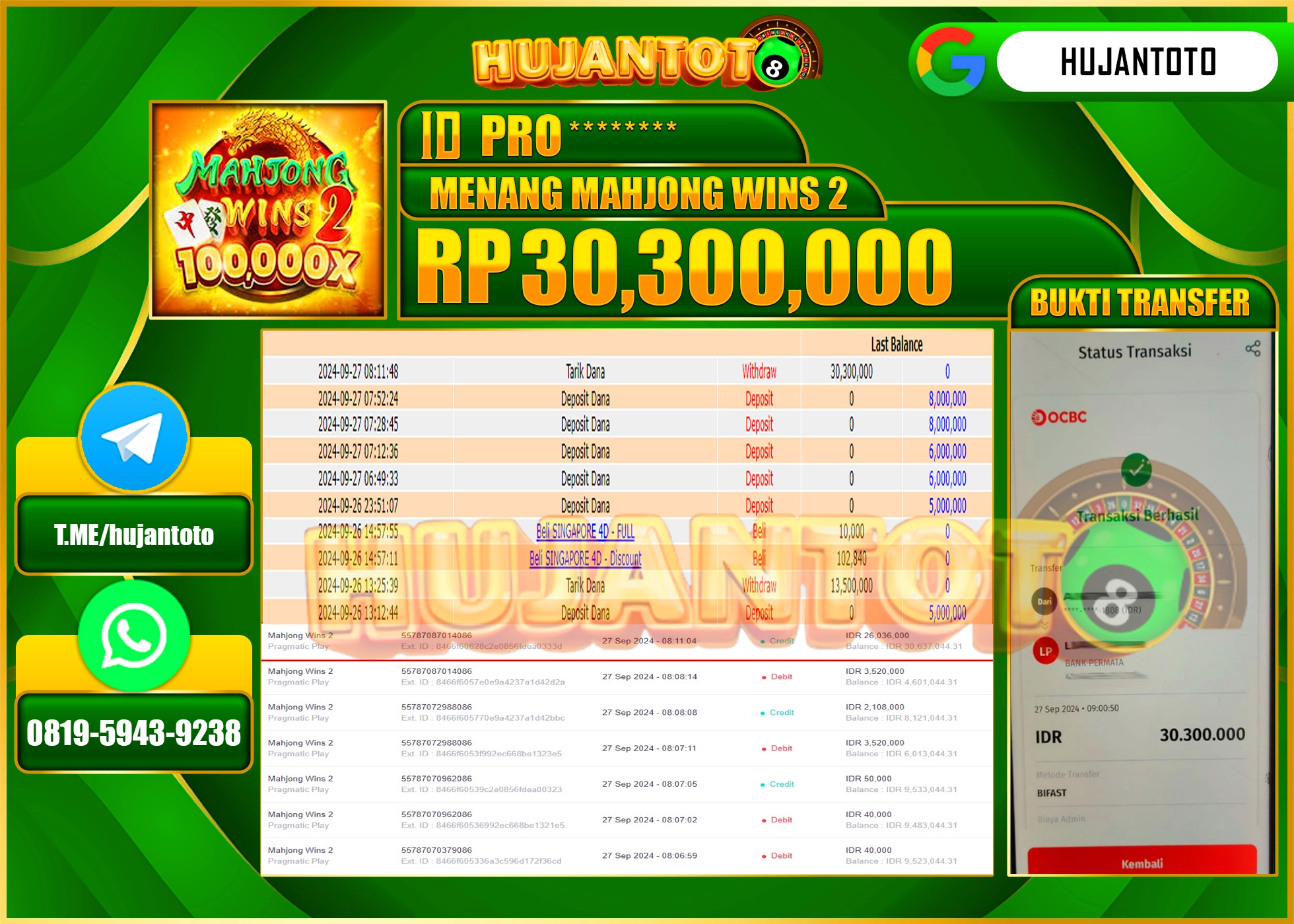 HUJANTOTO MENANG BESAR DI PERMAINAN SLOT MAHJONG WINS2- 30.300,000 - LUNAS 