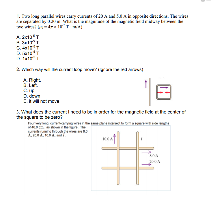 Solved 1. Two long parallel wires carry currents of 20 A and