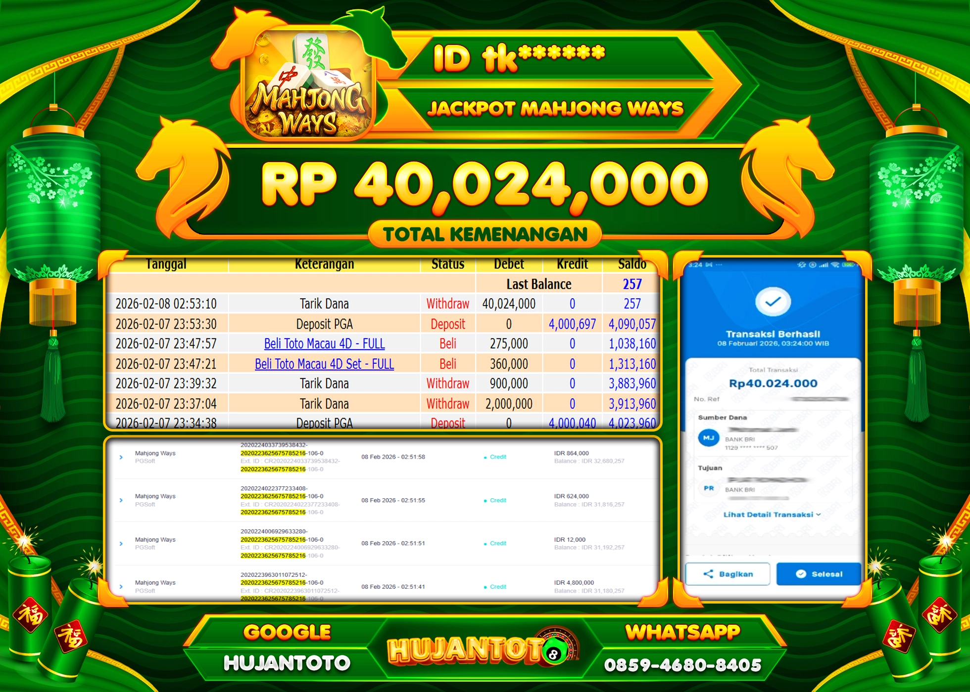 HUJANTOTO - BUKTI JACKPOT MENANG SLOT MAHJONG WAYS Rp.40,024,000 - TERBAYAR LUNAS