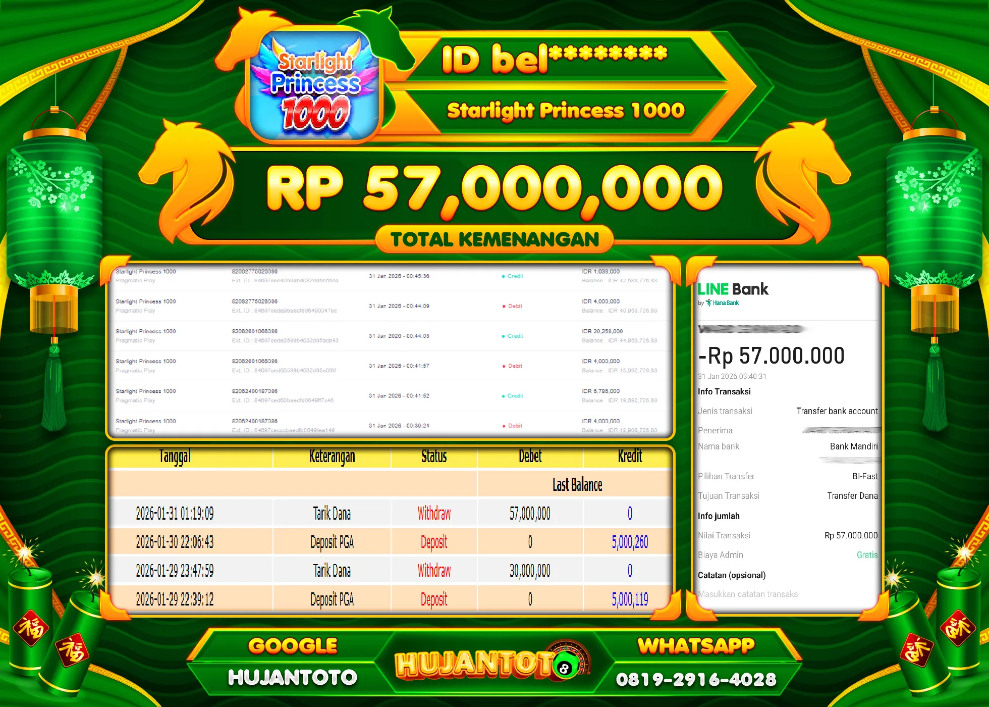 HUJANTOTO - BUKTI JACKPOT MENANG SLOT STARLIGHT PRINCESS 1000 Rp.57,000,000 - TERBAYAR LUNAS