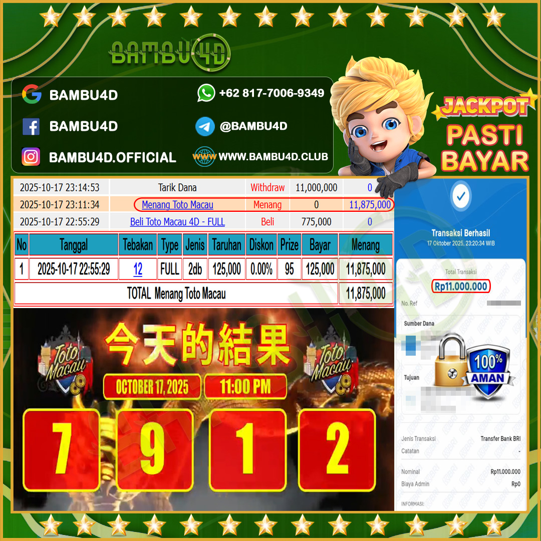 BAMBU4D JACKPOT TOGEL TOTOMACAU 4D Rp.11.875.000,- LUNAS