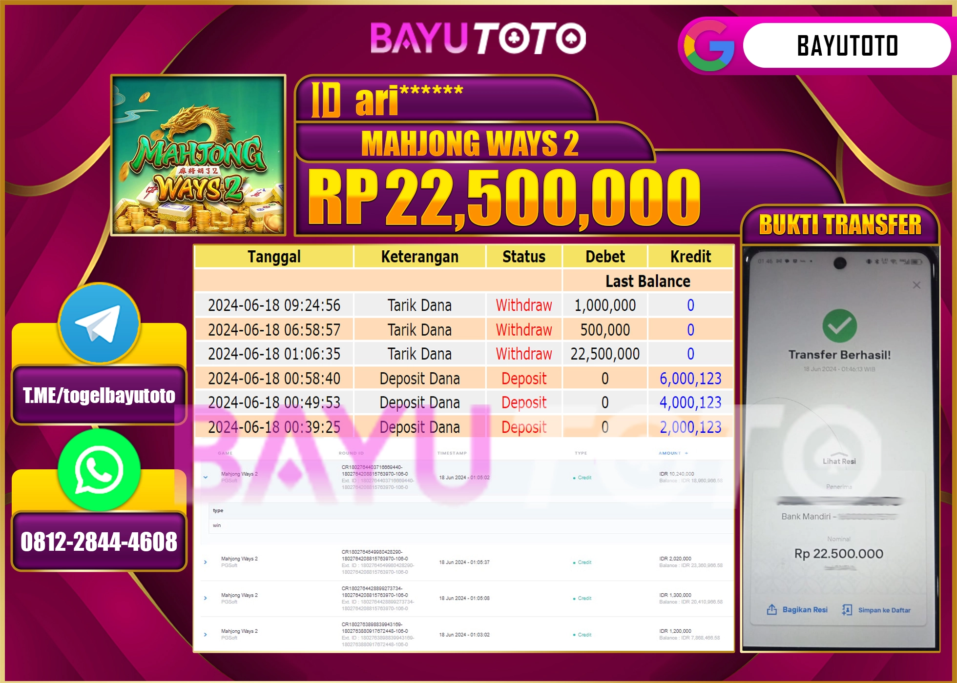 BAYUTOTO JACKPOT SLOT GAMES MAHJONG WAYS 2 Rp.22.500.00 LUNAS