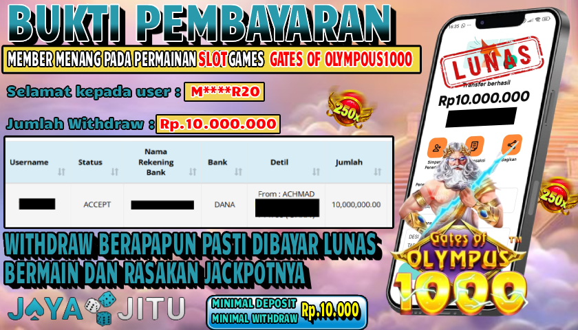 🏆 BUKTI KEMENANGAN SLOT GATES OF OLYMPOUS1000 MEMBER  JAYAJITU🏆
