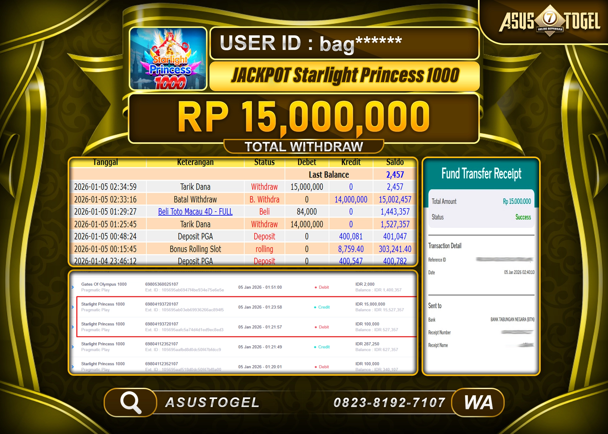 ASUSTOGEL KEMENANGAN DI SLOT STARLIGHT PRINCESS 1000  SEBESAR 15,000,000 - RUPIAH LUNAS