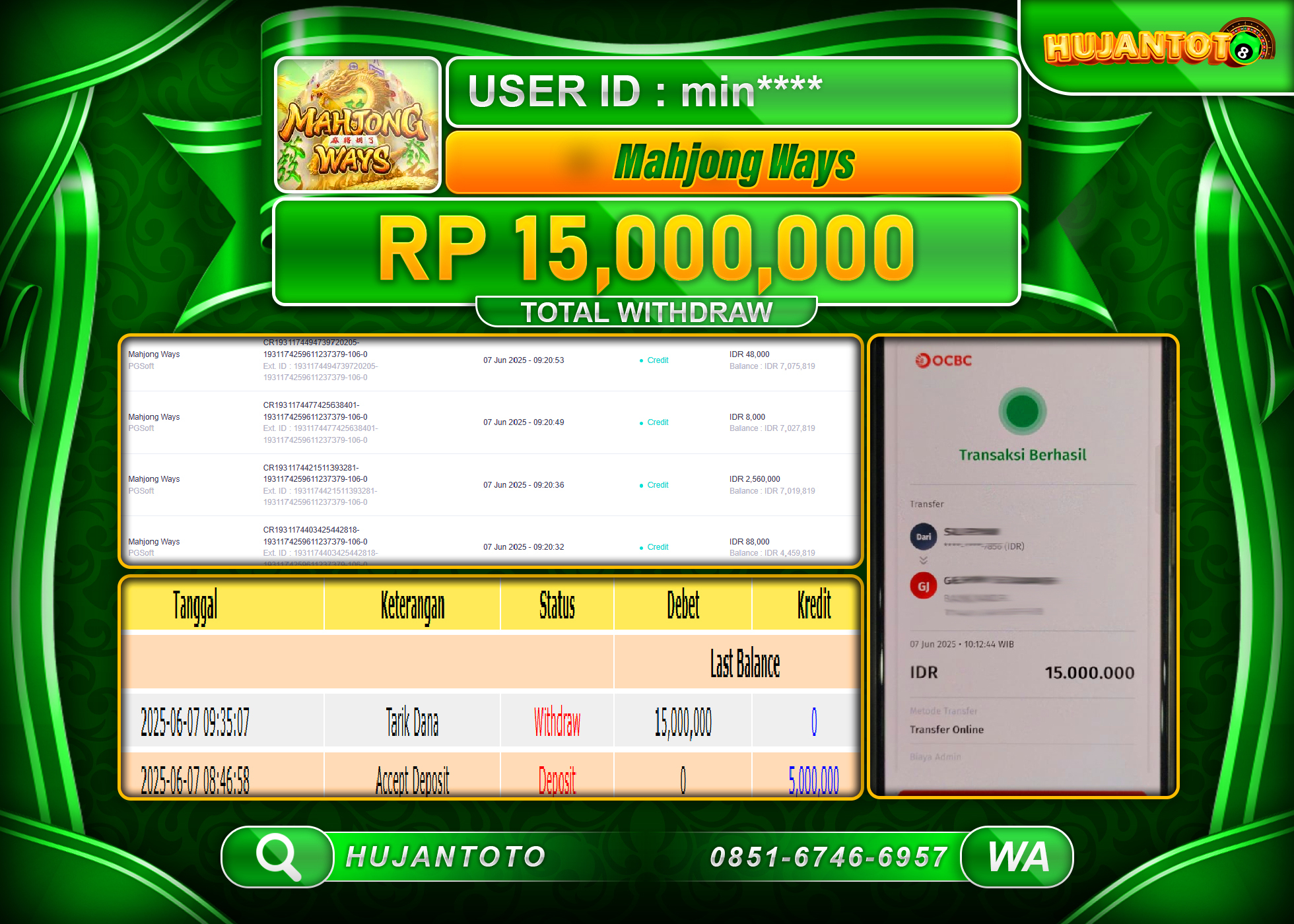 HUJANTOTO - BUKTI JACKPOT MENANG SLOT MAHYONG WAYS  Rp,15,000,000 - TERBAYAR LUNAS