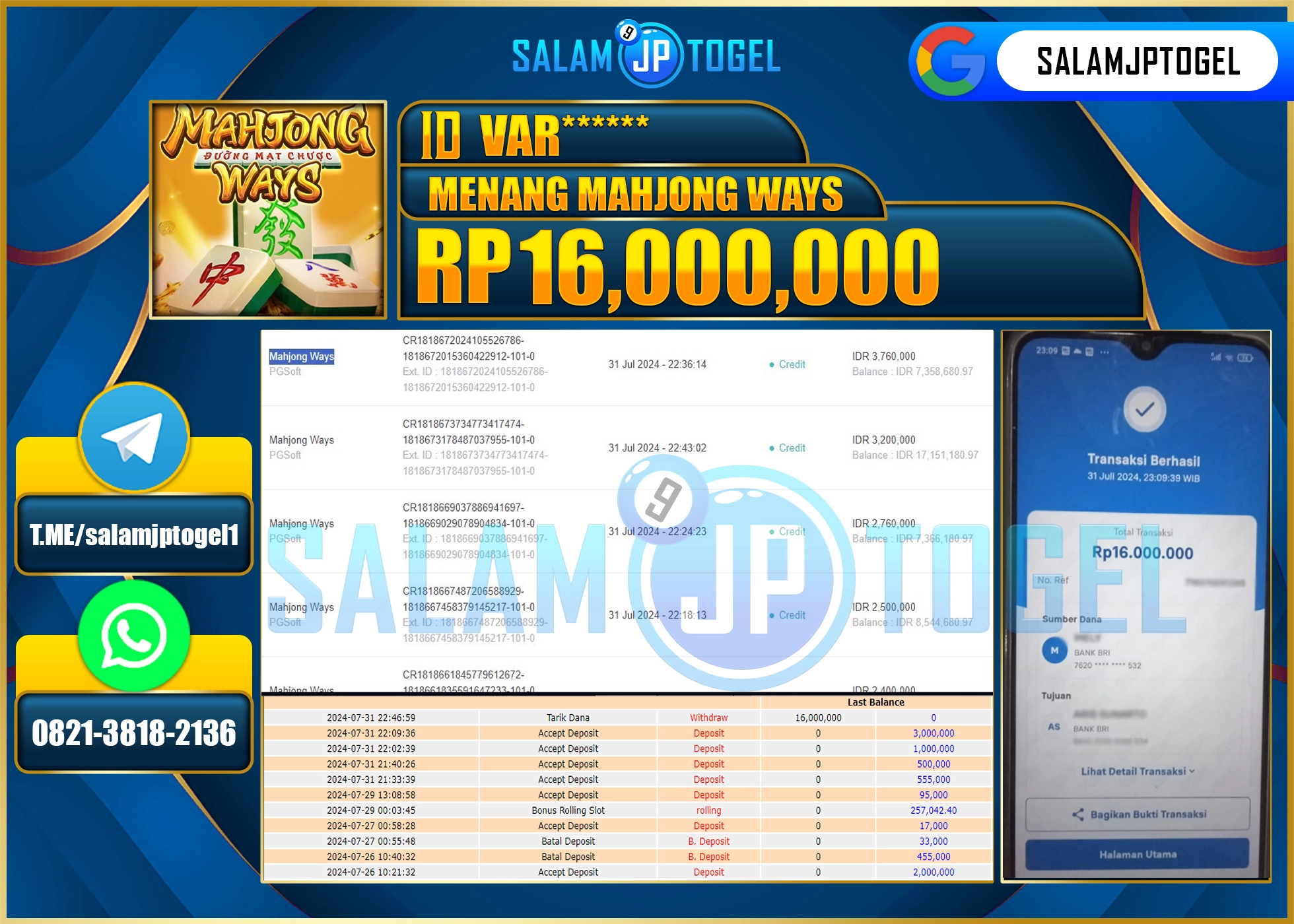 SALAMJPTOGEL MENANG SLOT MAHJONG WAYS RP. 16,000,000 LUNAS