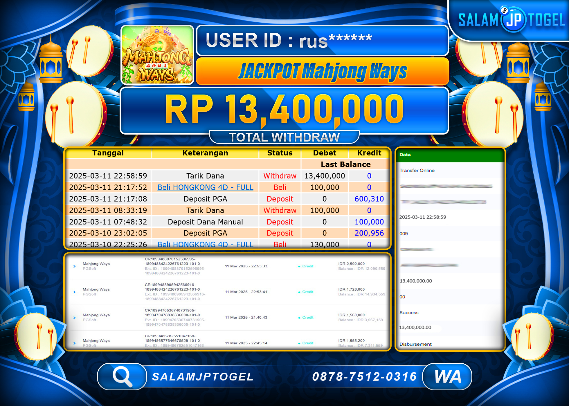 SALAMJPTOGEL MENANG MAHJONG WAYS GAMES Rp. 13,400,000 LUNAS