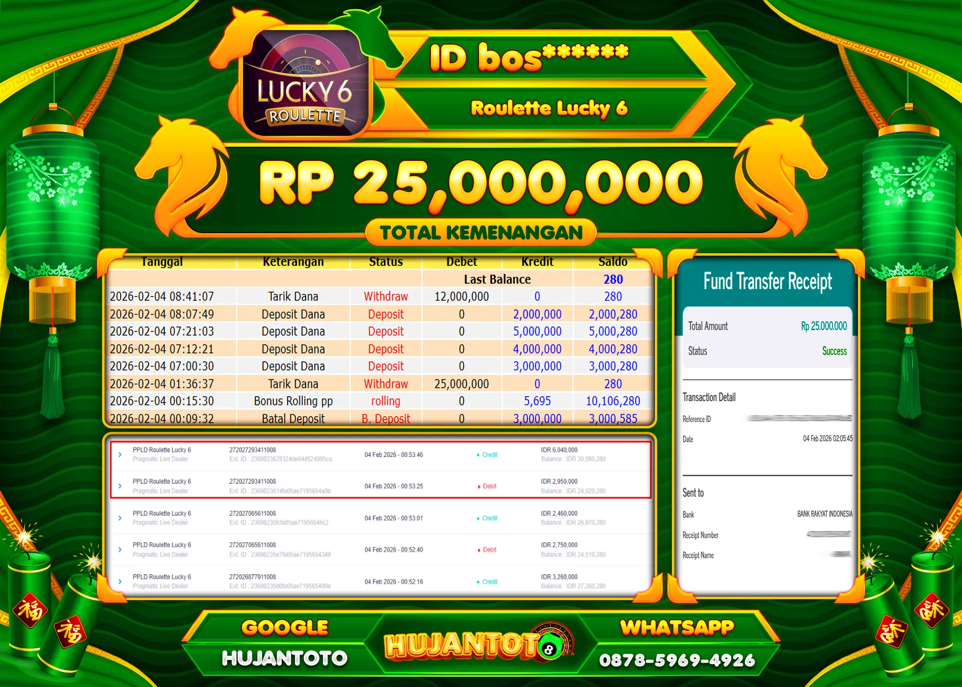 HUJANTOTO - BUKTI JACKPOT MENANG LIVEGAMES ROUTLETTE LUCKY 6 Rp.25,000,000 - TERBAYAR LUNAS