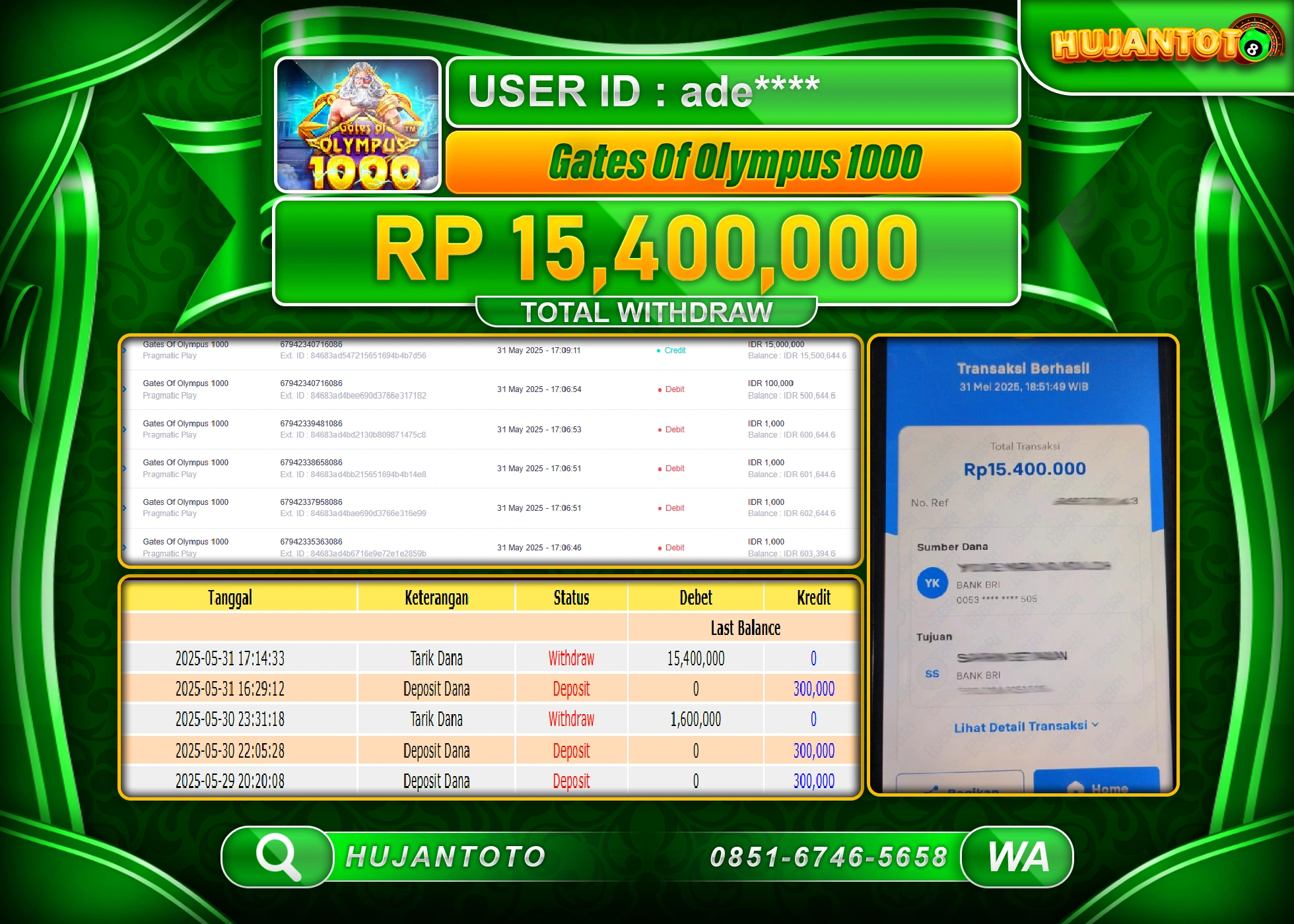   HUJANTOTO - BUKTI JACKPOT MENANG SLOT GATES OF OLYMPUS 1000 Rp.15,400,000 - TERBAYAR LUNAS