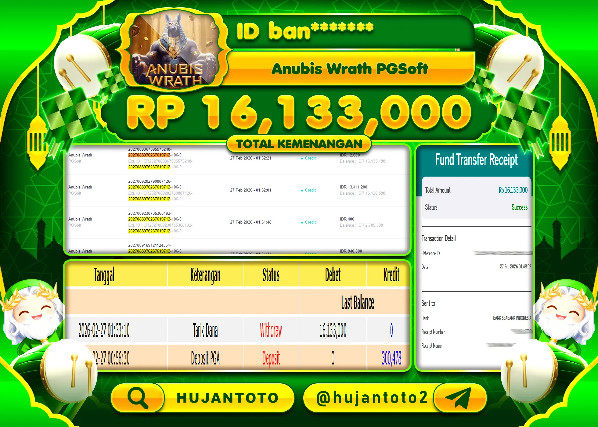 HUJANTOTO - BUKTI JACKPOT MENANG SLOT ANUBIS WRATH Rp.16,133,000 - TERBAYAR LUNAS