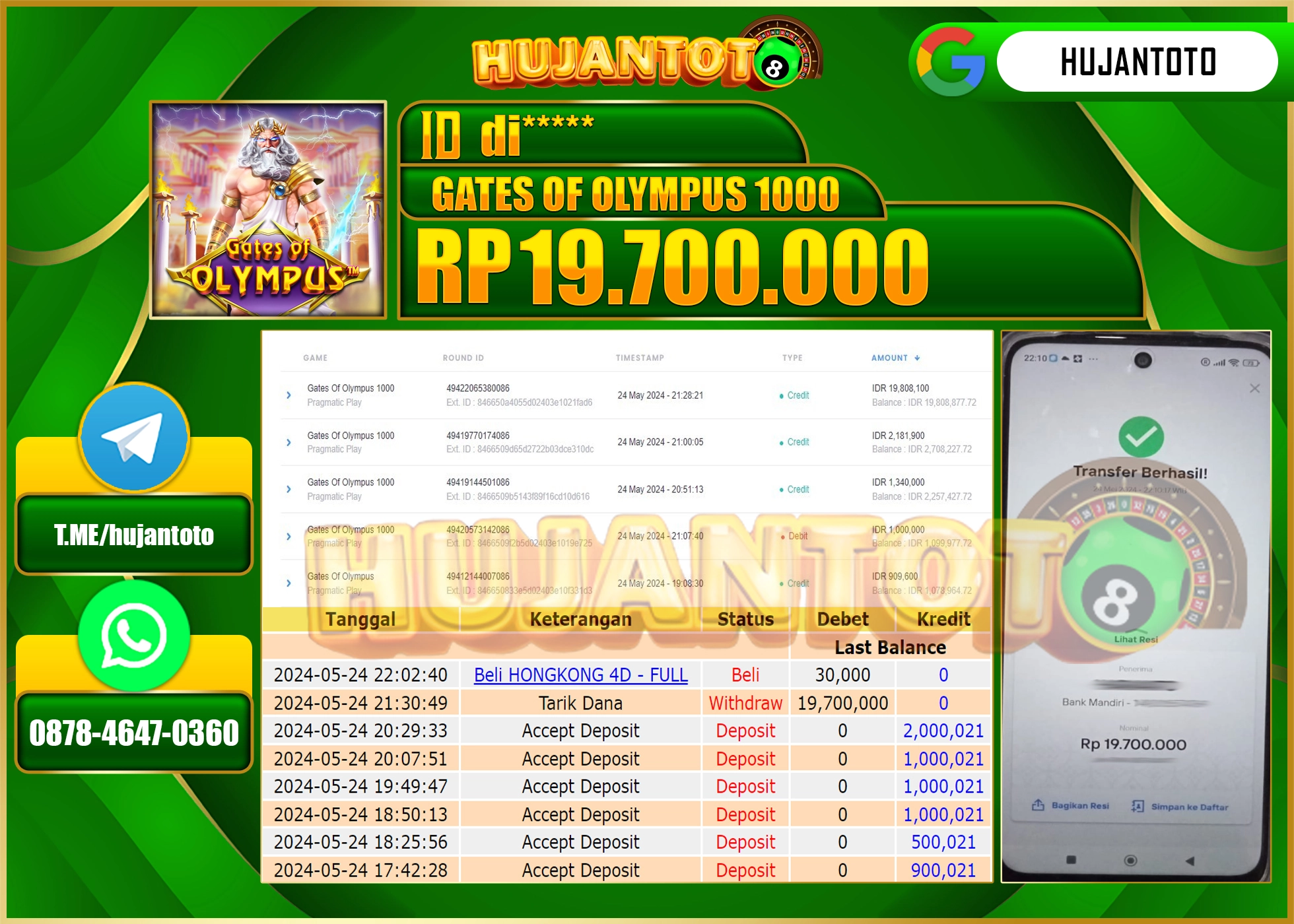 HUJANTOTO MENANG SLOT Gates Of Olympus 1000 (Pragmatic Play)  19.700.000 - LUNAS 