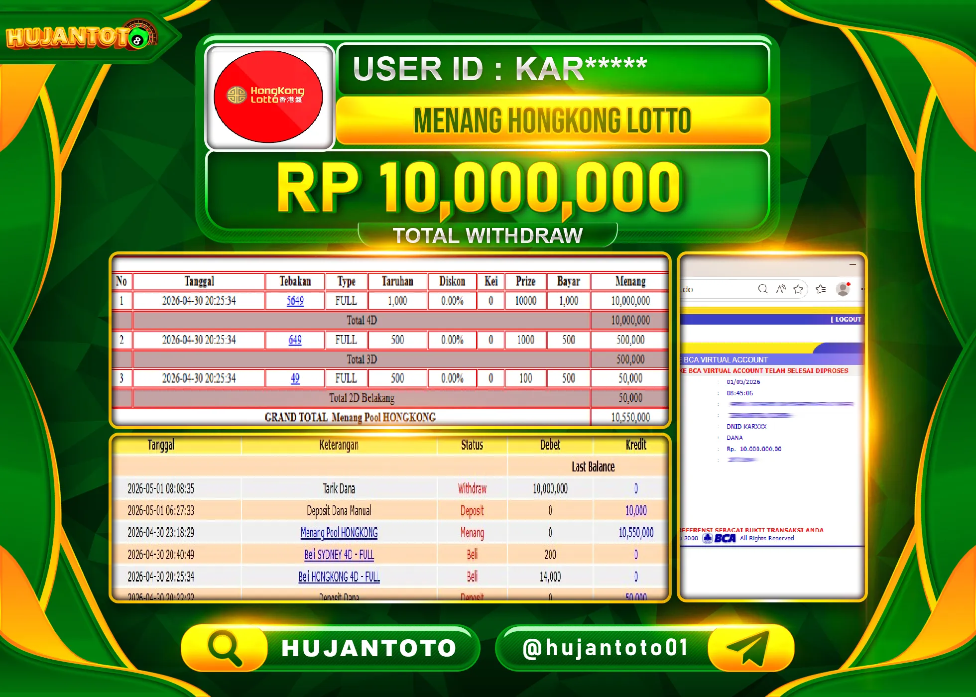 HUJANTOTO - BUKTI JACKPOT MENANG HONGKONG LOTTO Rp.10,000,000 - TERBAYAR LUNAS