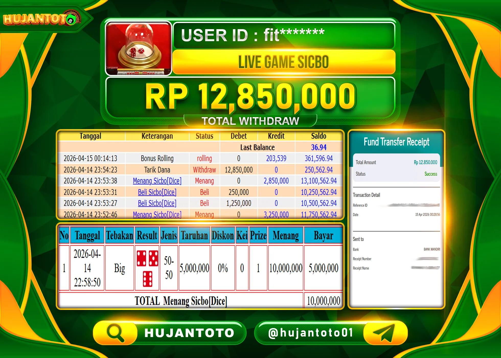 HUJANTOTO - BUKTI JACKPOT MENANG PERMAINAN LIVEGAME SIC BO Rp.12,850,000 - TERBAYAR LUNAS