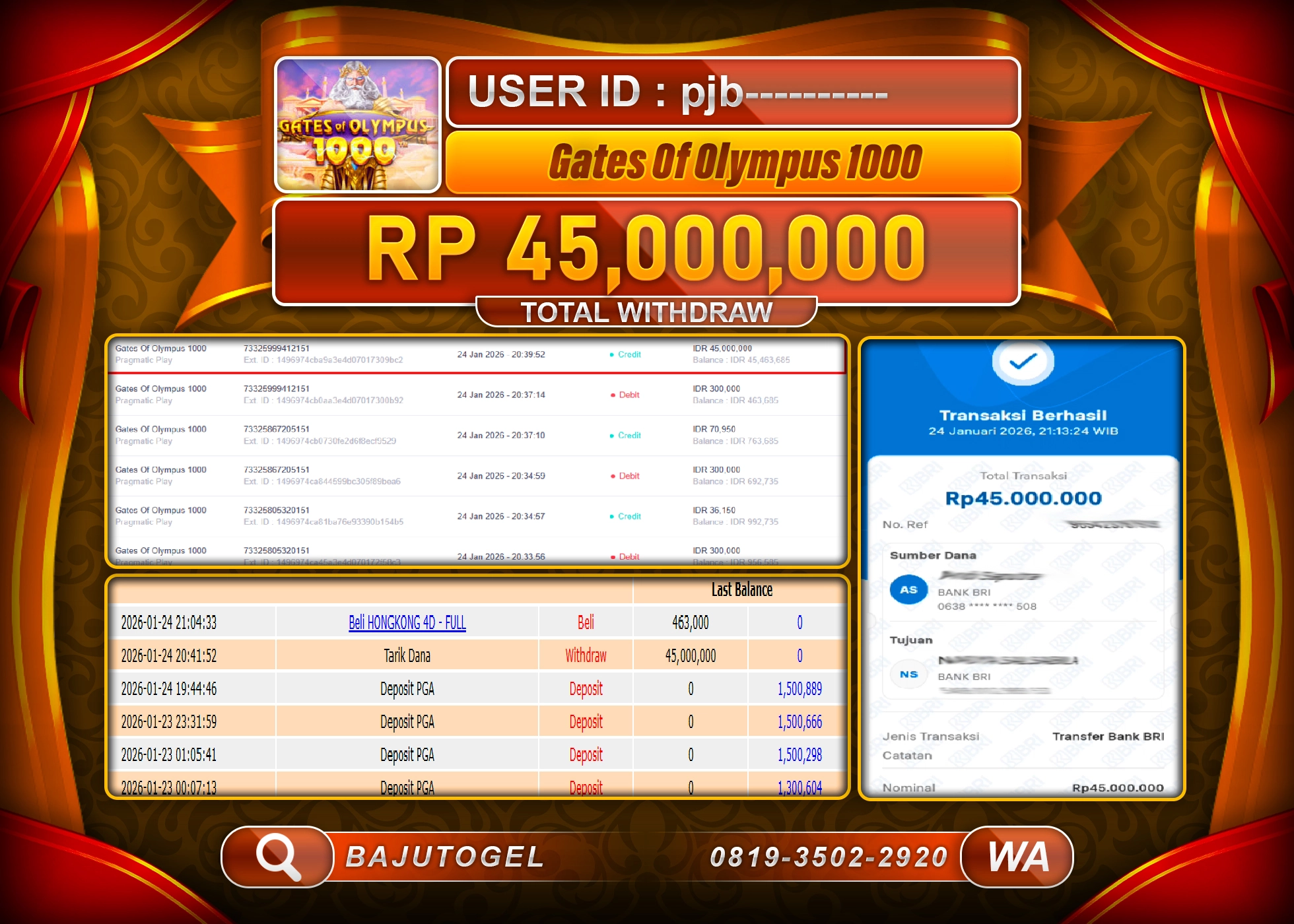 BAJUTOGEL KEMENANGAN JACKPOT DI SLOT GATES OF OLYMPUS 1000 Rp.45,000,000 LUNAS