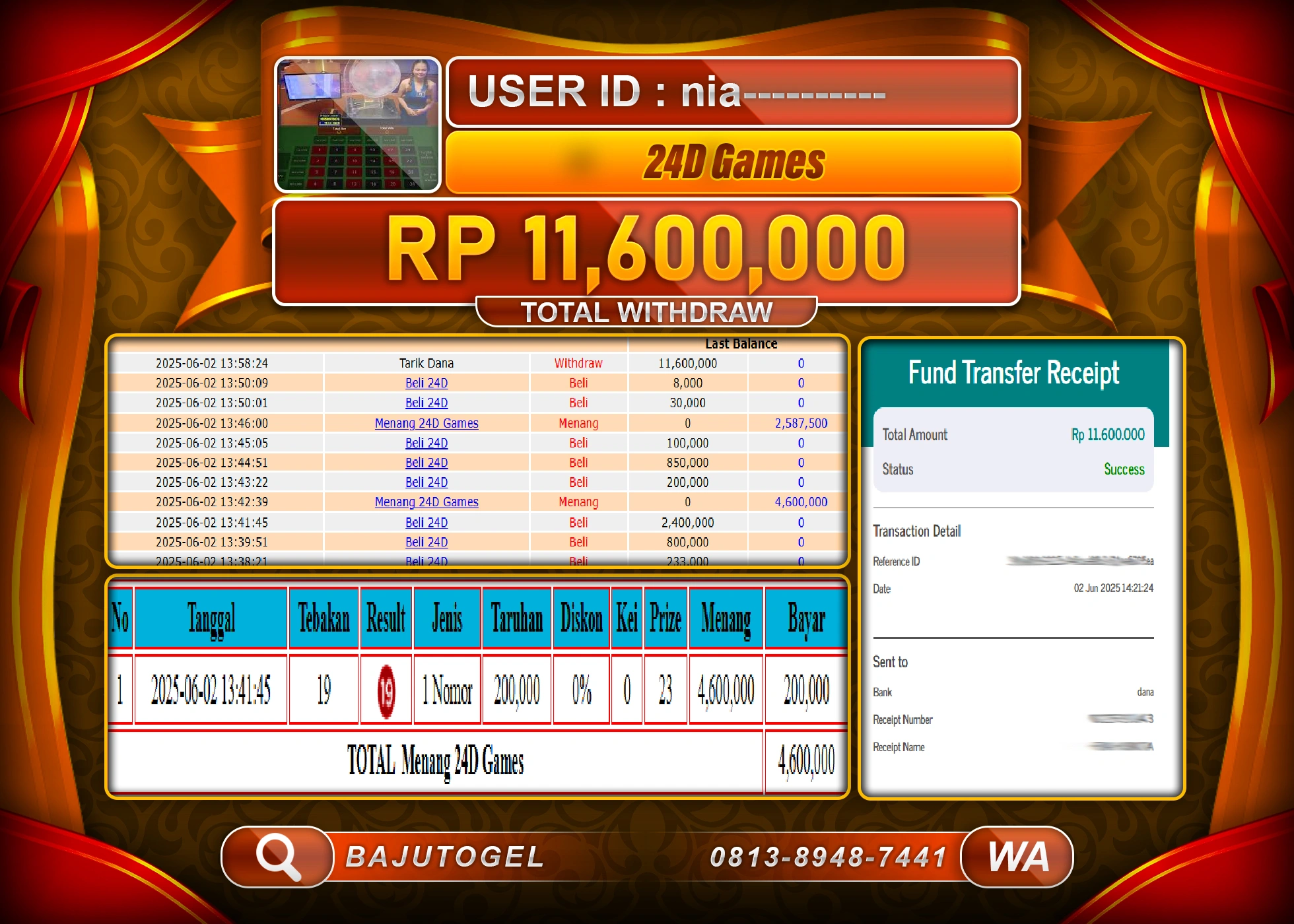 BAJUTOGEL MENANG  LIVE GAME 24 D SPIN Rp.11.600.000 LUNAS