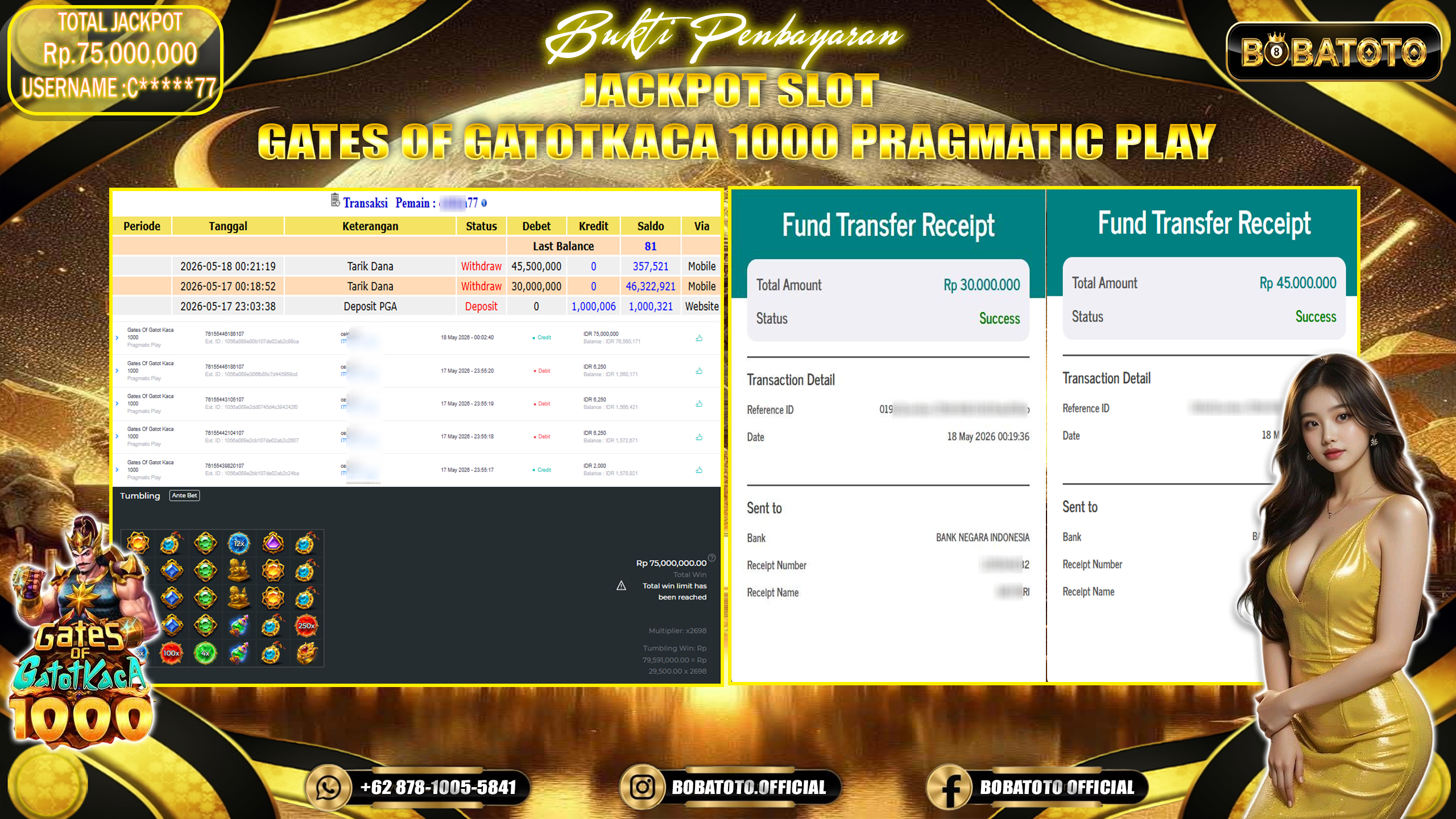 BOBATOTO JACKPOT  SLOT PRAGMATIC GATES OF GATOTKACA 1000  Rp.75,000,000,- LUNAS!!!