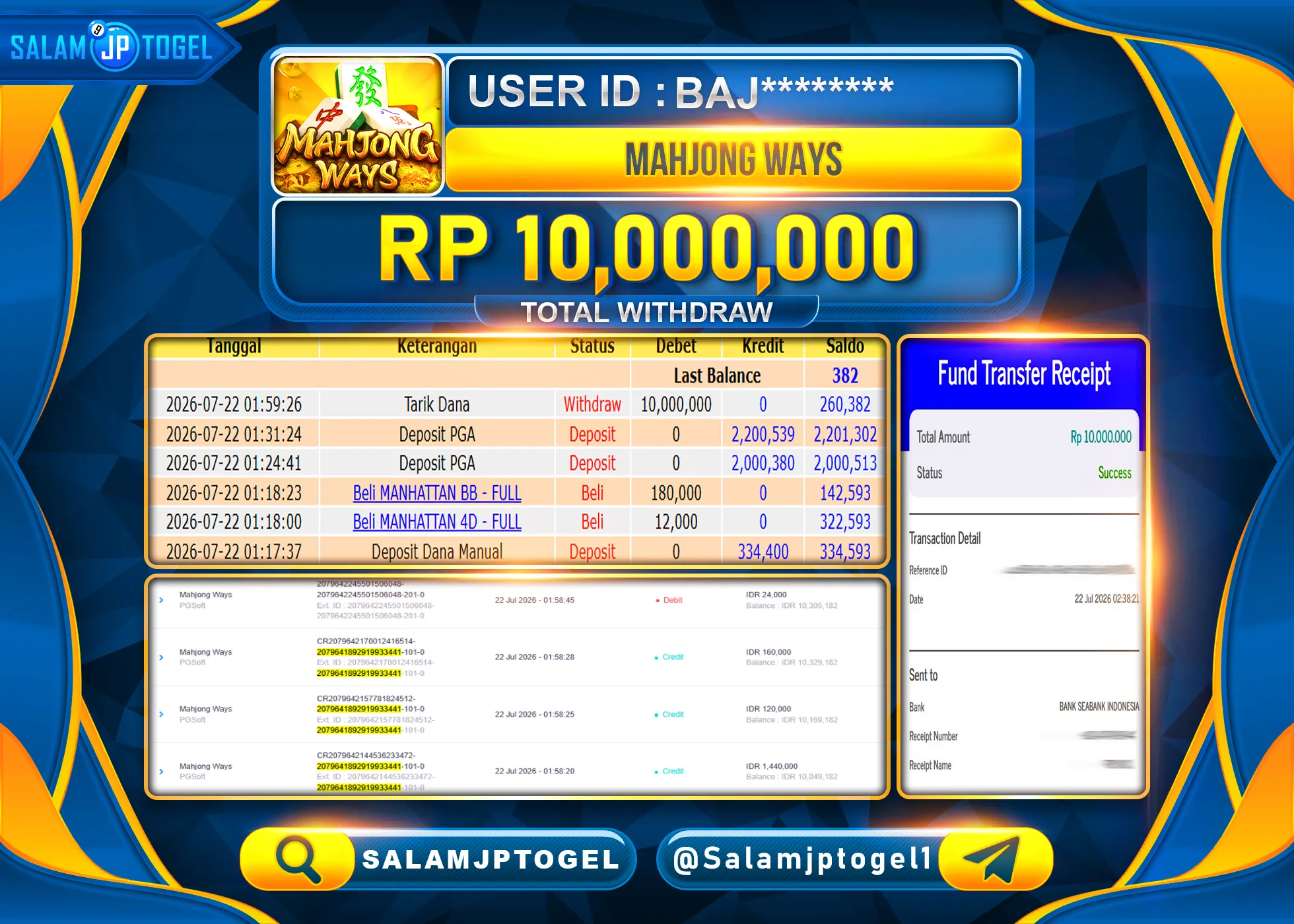 SALAMJPTOGEL JACKPOT MENANG JACKPOT SLOT MAHJONG WAYS  Rp.10,000,000  - LUNAS