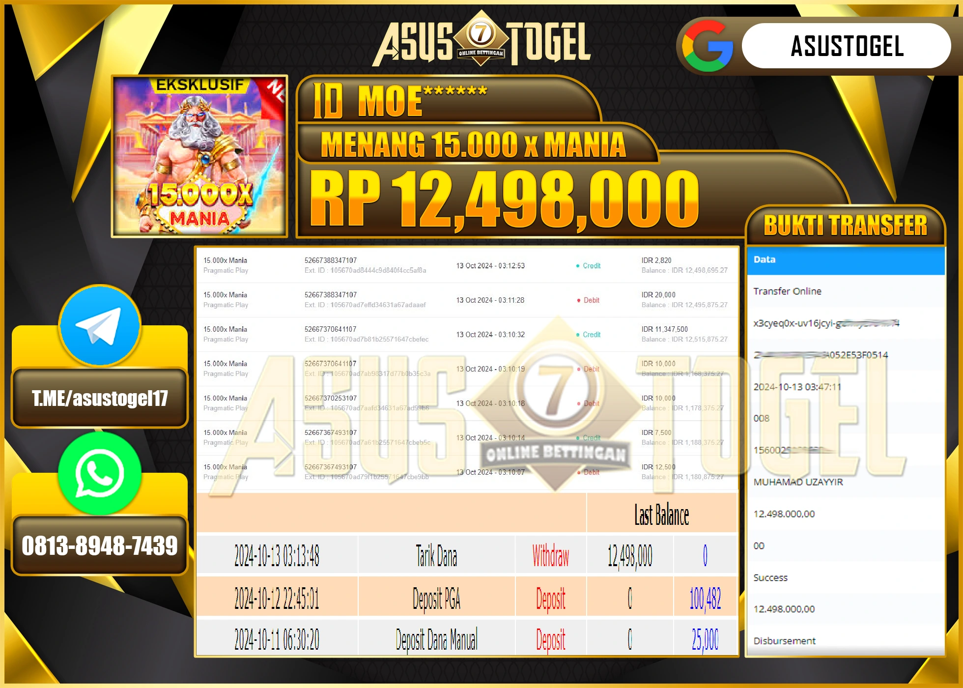 ASUSTOGEL KEMENANGAN  DI GAMES   MENANG 15.000 X MANIA SEBESAR 12,498,000- RUPIAH LUNAS