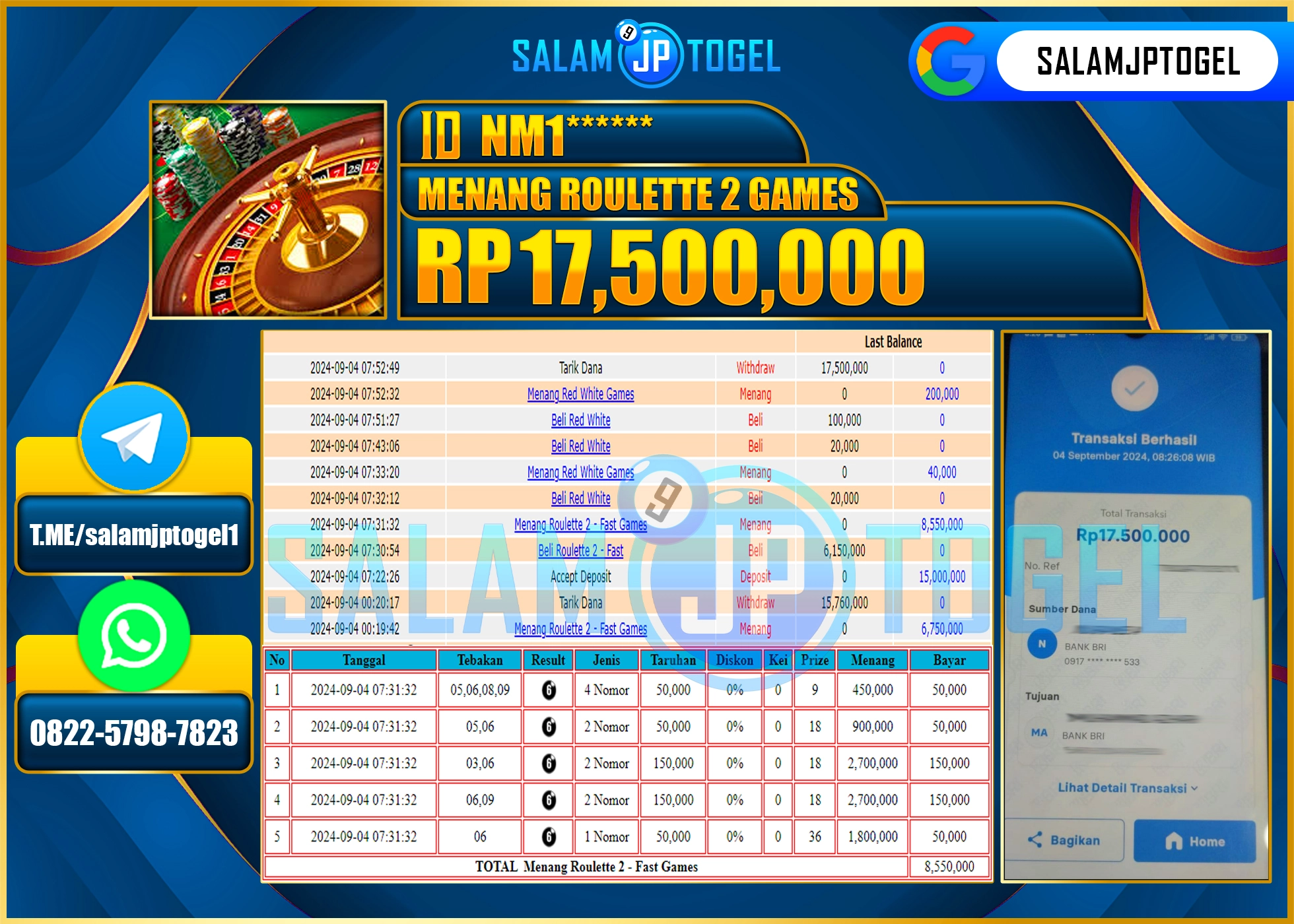 SALAMJPTOGEL MENANG ROULLETE 2 RP. 17,500,000 LUNAS