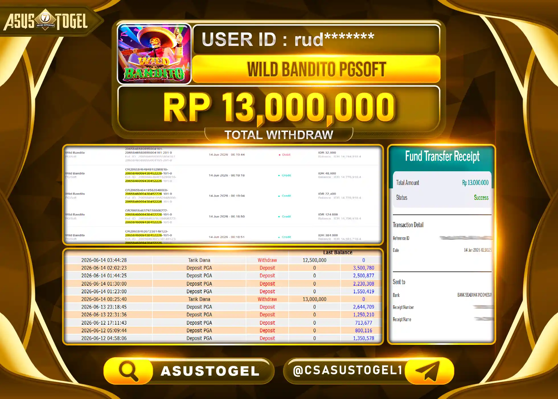 ASUSTOGEL KEMENANGAN JACKPOT PERMAINAN SLOT WILD BANDITO PGSOFT Rp.13,000,000 - RUPIAH LUNAS