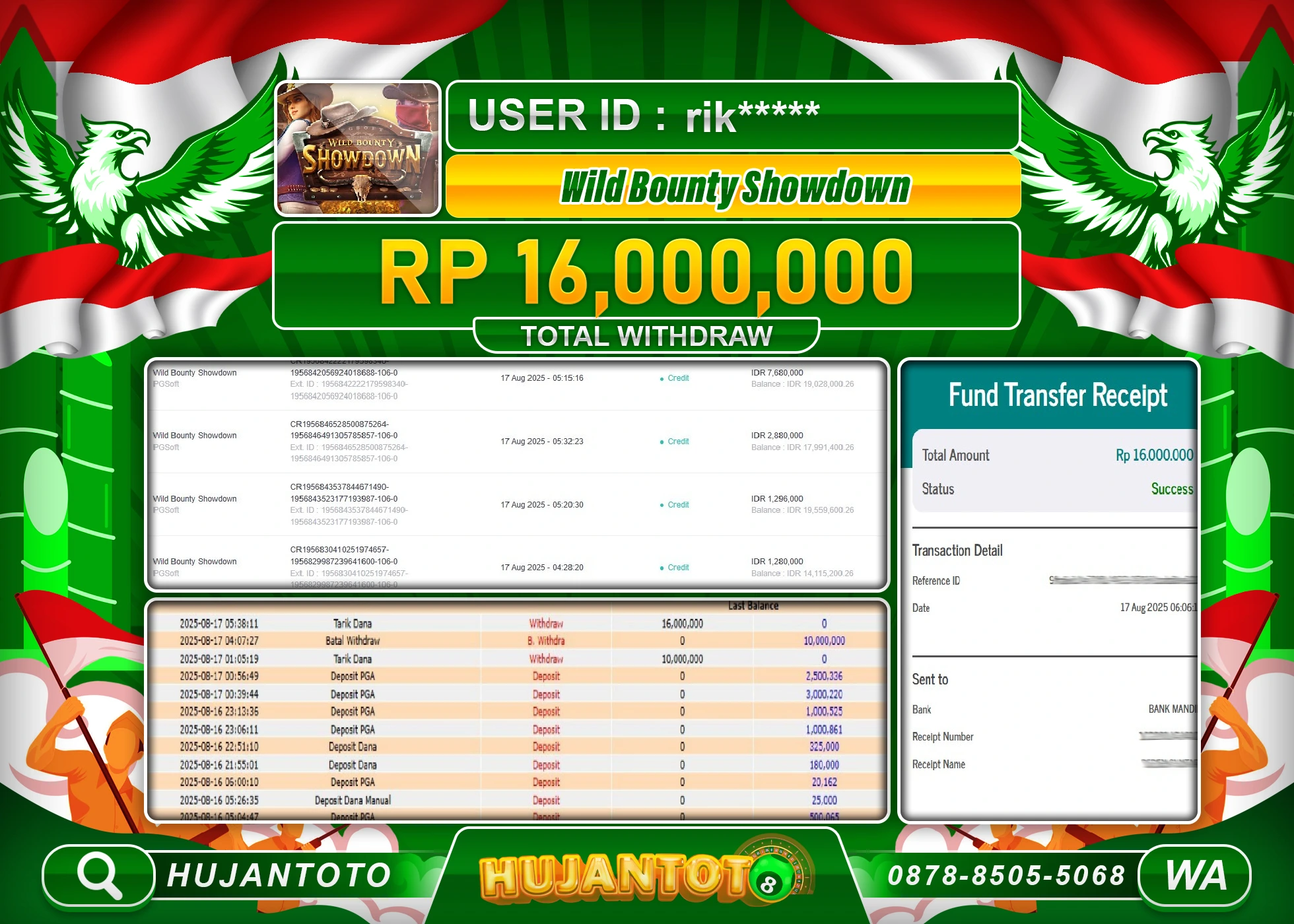 HUJANTOTO - BUKTI JACKPOT MENANG SLOT WILD BOUNTY SHOWDOWN Rp.16,000,000 - TERBAYAR LUNAS