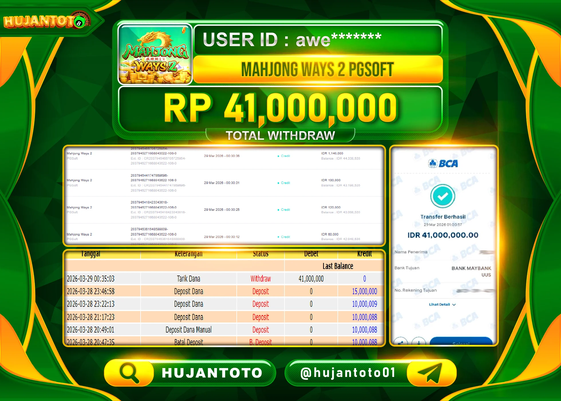 HUJANTOTO - BUKTI JACKPOT MENANG SLOT MAHJONG WAYS   2 Rp.41,000,000 - TERBAYAR LUNAS