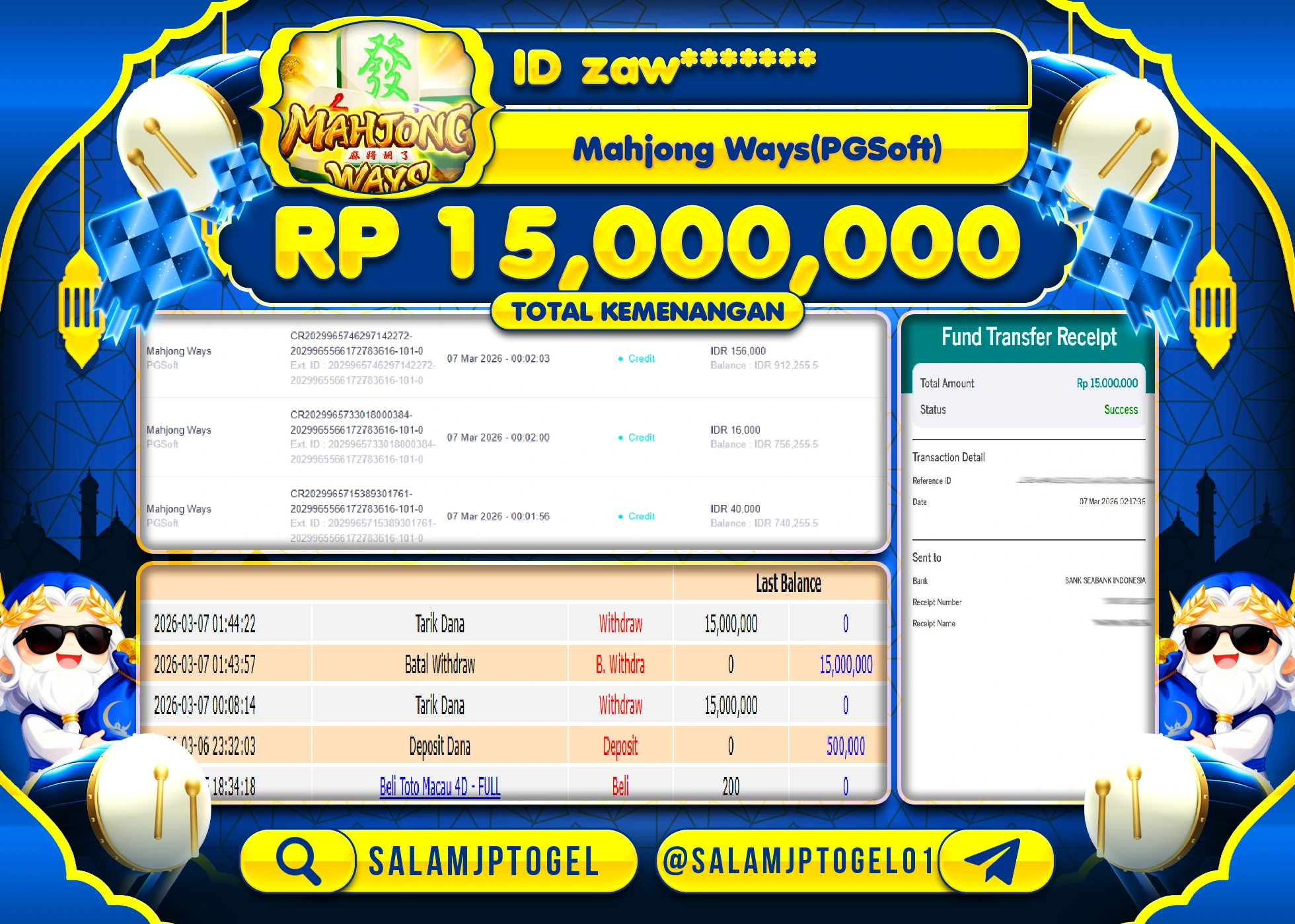 SALAMJPTOGEL JACKPOT Slot Mahjong Ways 2(PG Soft) Rp.15,000,000 - LUNAS