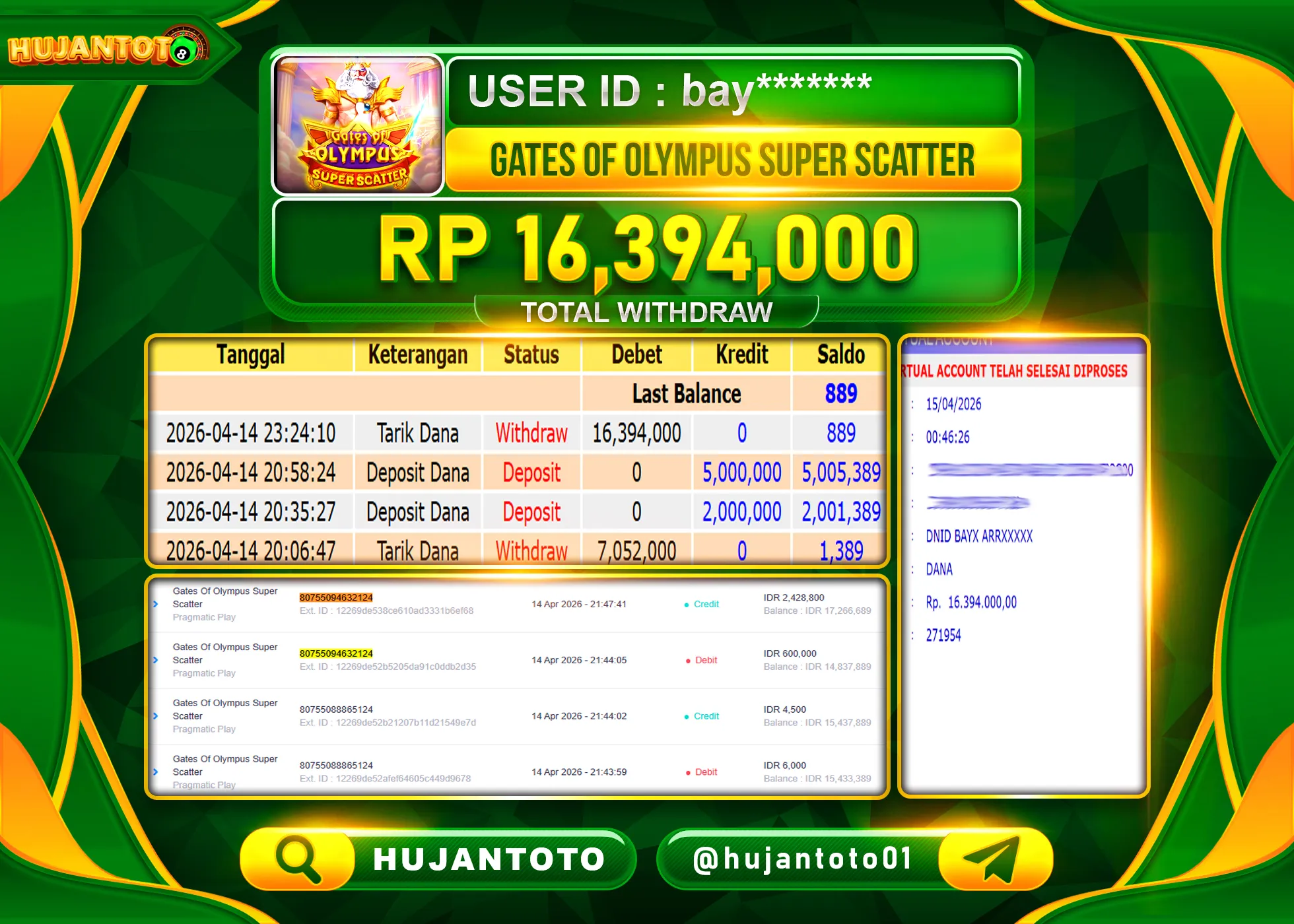 HUJANTOTO - BUKTI JACKPOT MENANG GATES OF OLYMPUS SUPER SCATTER Rp.16,394,000 - TERBAYAR LUNAS
