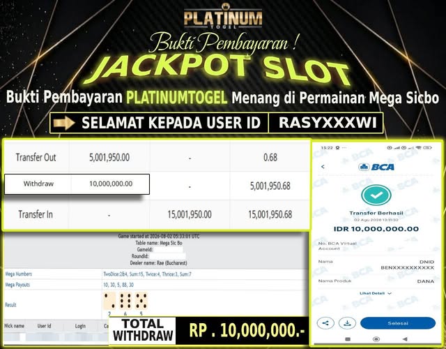 🏆 Bukti Jackpot MEGA SICBO Dengan Kemanangan Rp 10,000,000-. Hanya di PLATINUMTOGEL🏆