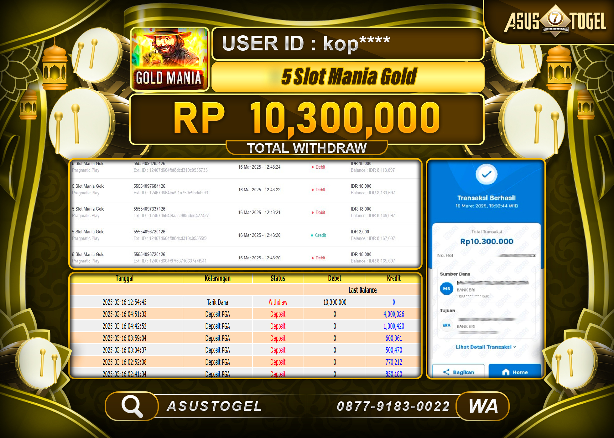 ASUSTOGEL KEMENANGAN DI 5 SLOT MANIA GOLD GAMES  SEBESAR 10,300,000- RUPIAH LUNAS