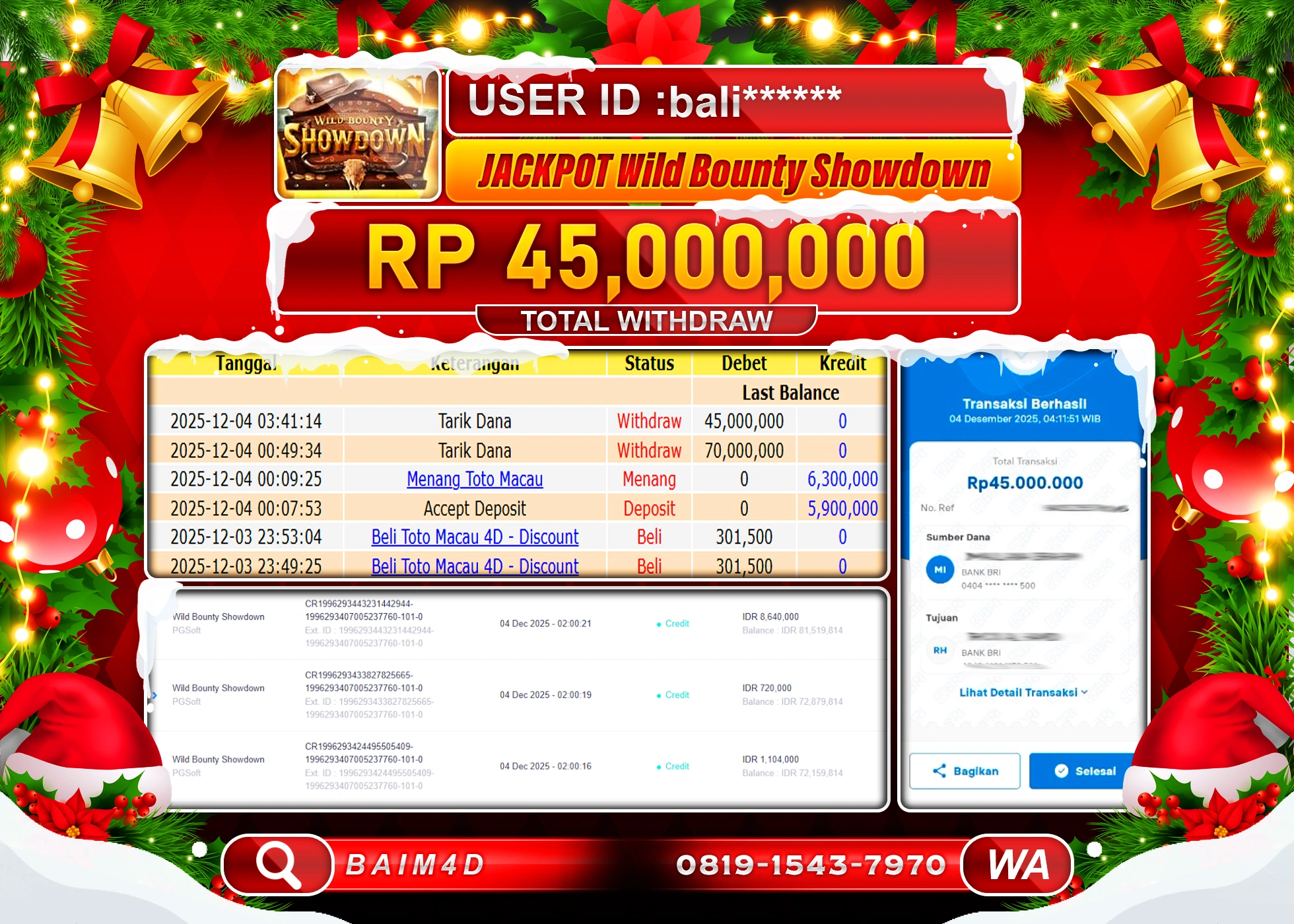 BAIM4D JACKPOT  SLOT WILD BOUNTYSHOWDOWN  Rp.45,000,000 - LUNAS