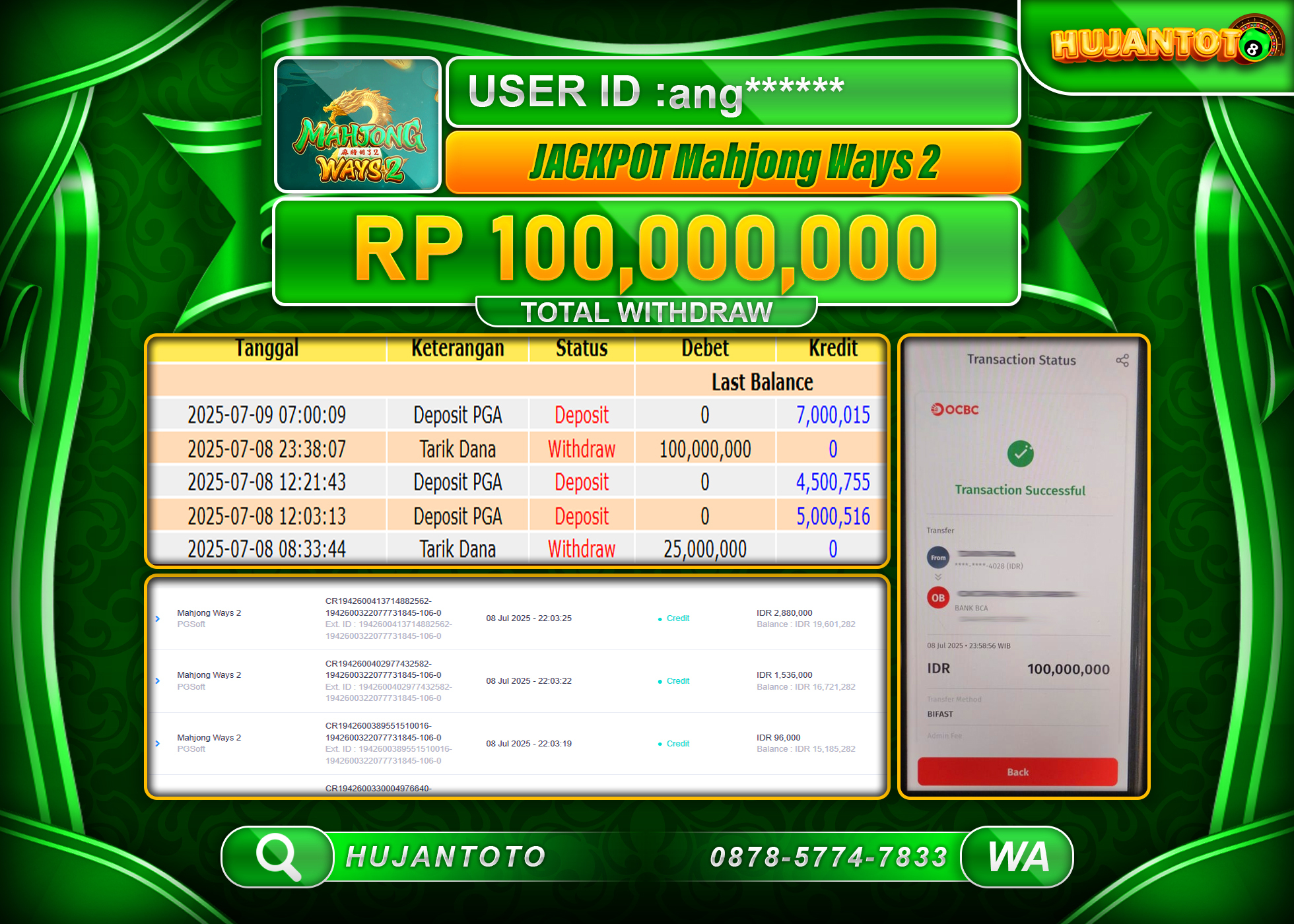 HUJANTOTO - BUKTI JACKPOT MENANG SLOT MAHJONG WAYS 2 Rp.100,000,000 - TERBAYAR LUNAS