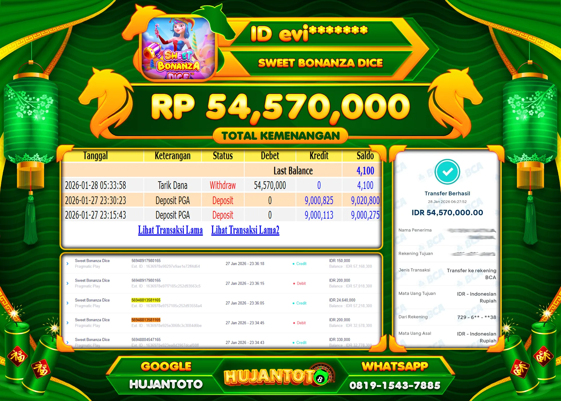 HUJANTOTO - BUKTI JACKPOT MENANG SLOT SWEET BONANZA DICE Rp.54,570,000 - TERBAYAR LUNAS