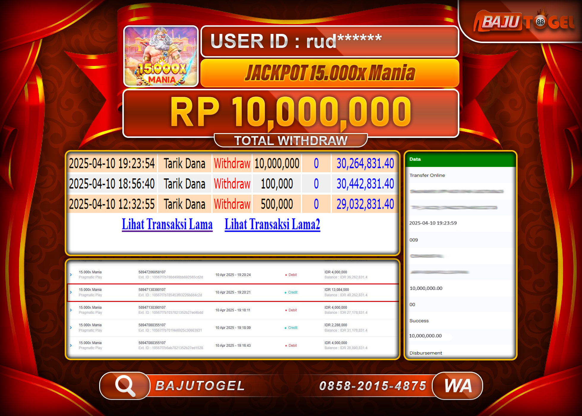 BAJUTOGEL KEMENANGAN 15.000X MANIA Rp.10.000.000 LUNAS