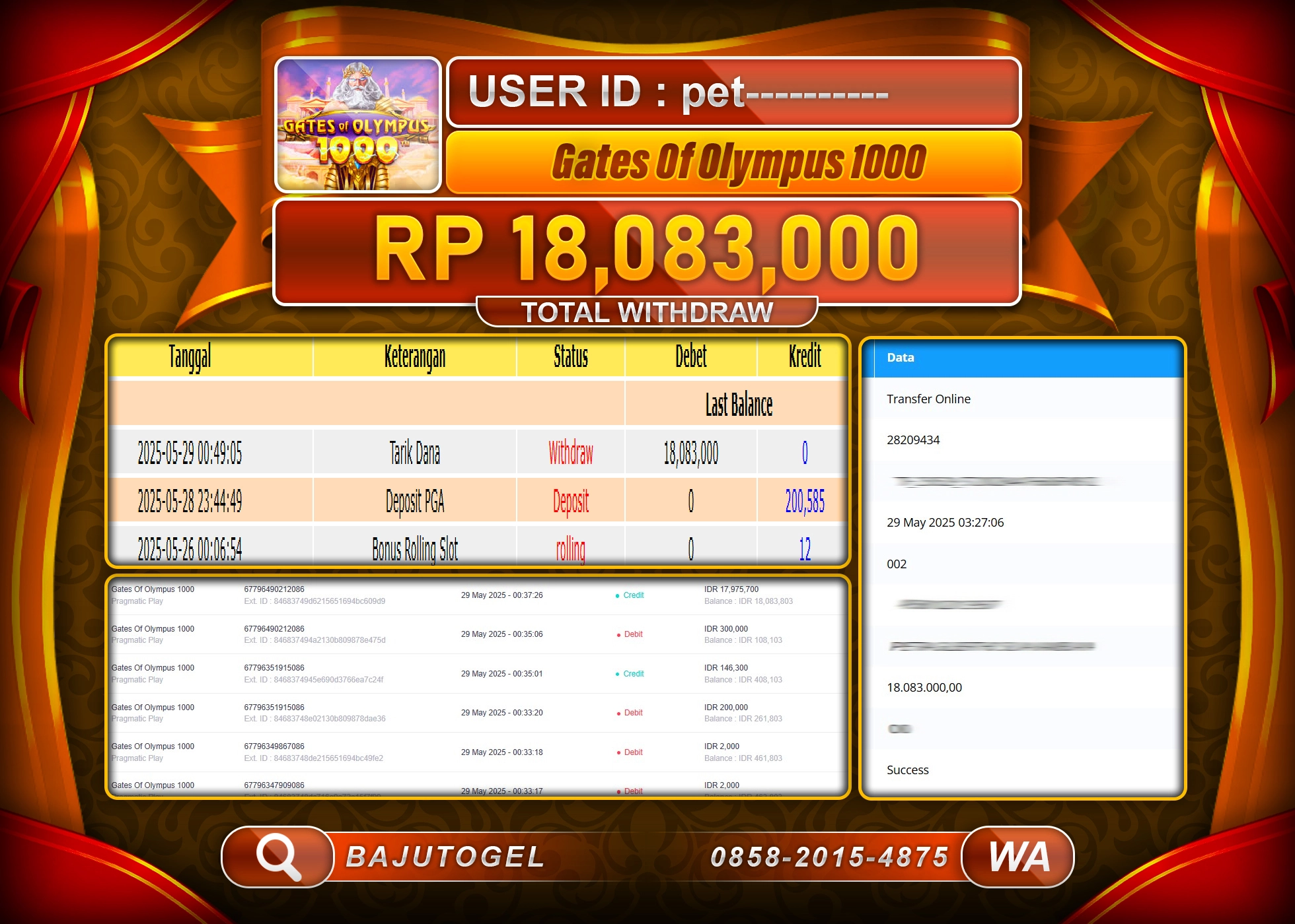 BAJUTOGEL KEMENANGAN  GATES OF OLYMPUS 1000 Rp.18.083.000 LUNAS