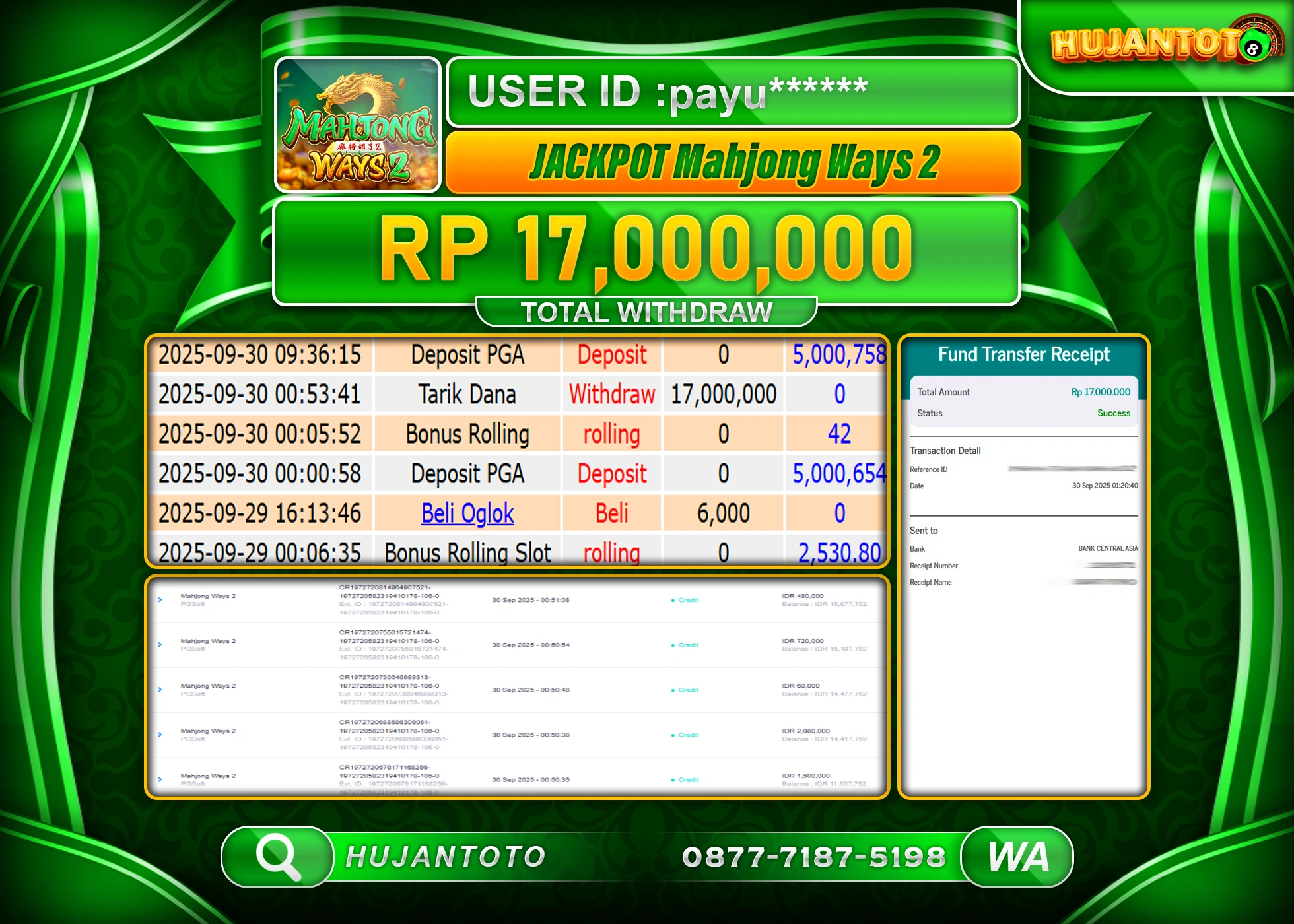 HUJANTOTO - BUKTI JACKPOT MENANG SLOT MAHJONG WAYS 2 Rp.17,000,000 - TERBAYAR LUNAS