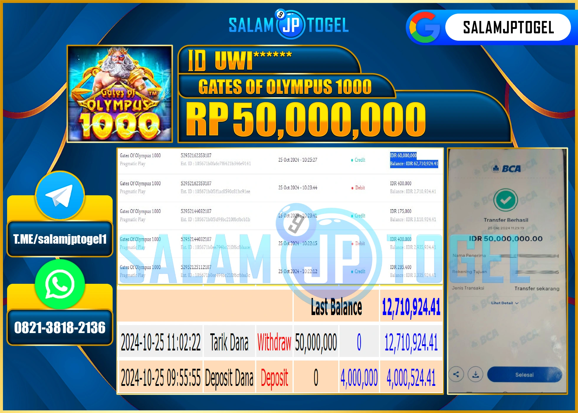 SALAMJPTOGEL MENANG SLOT GATES OF OLYMPUS 1000 RP. 50,000,000 LUNAS