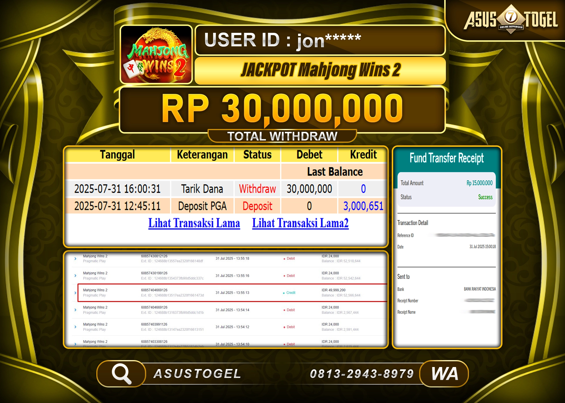 ASUSTOGEL KEMENANGAN DI SLOT MAHJONG WINS 2 SEBESAR 30,000,000- RUPIAH LUNAS