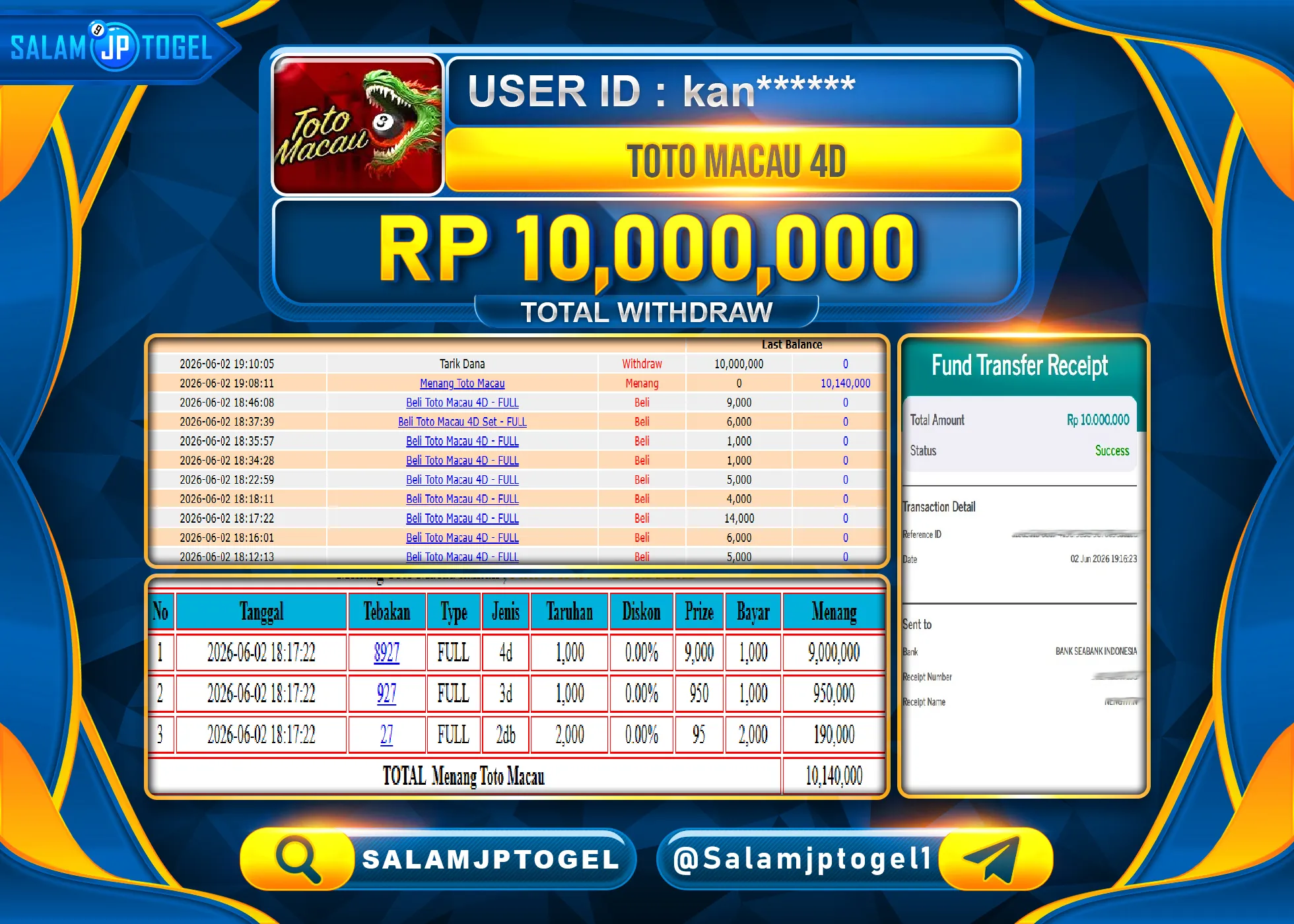 SALAMJPTOGEL JACKPOT MENANG TOGEL TOTO MACAU 4D  Rp.10,000,000 - LUNAS