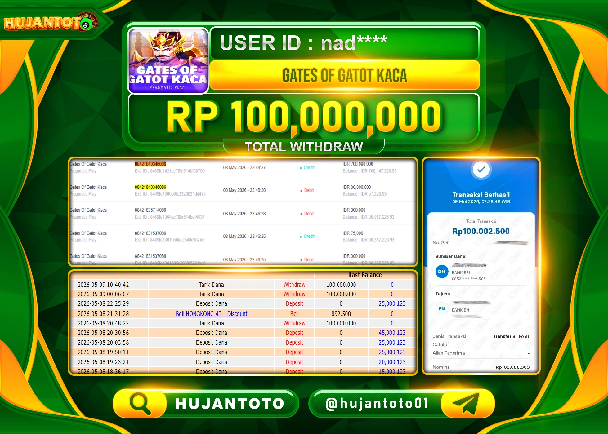 HUJANTOTO - BUKTI JACKPOT MENANG SLOT GATES OF GATOT KACA  Rp.100,000,000 - TERBAYAR LUNAS