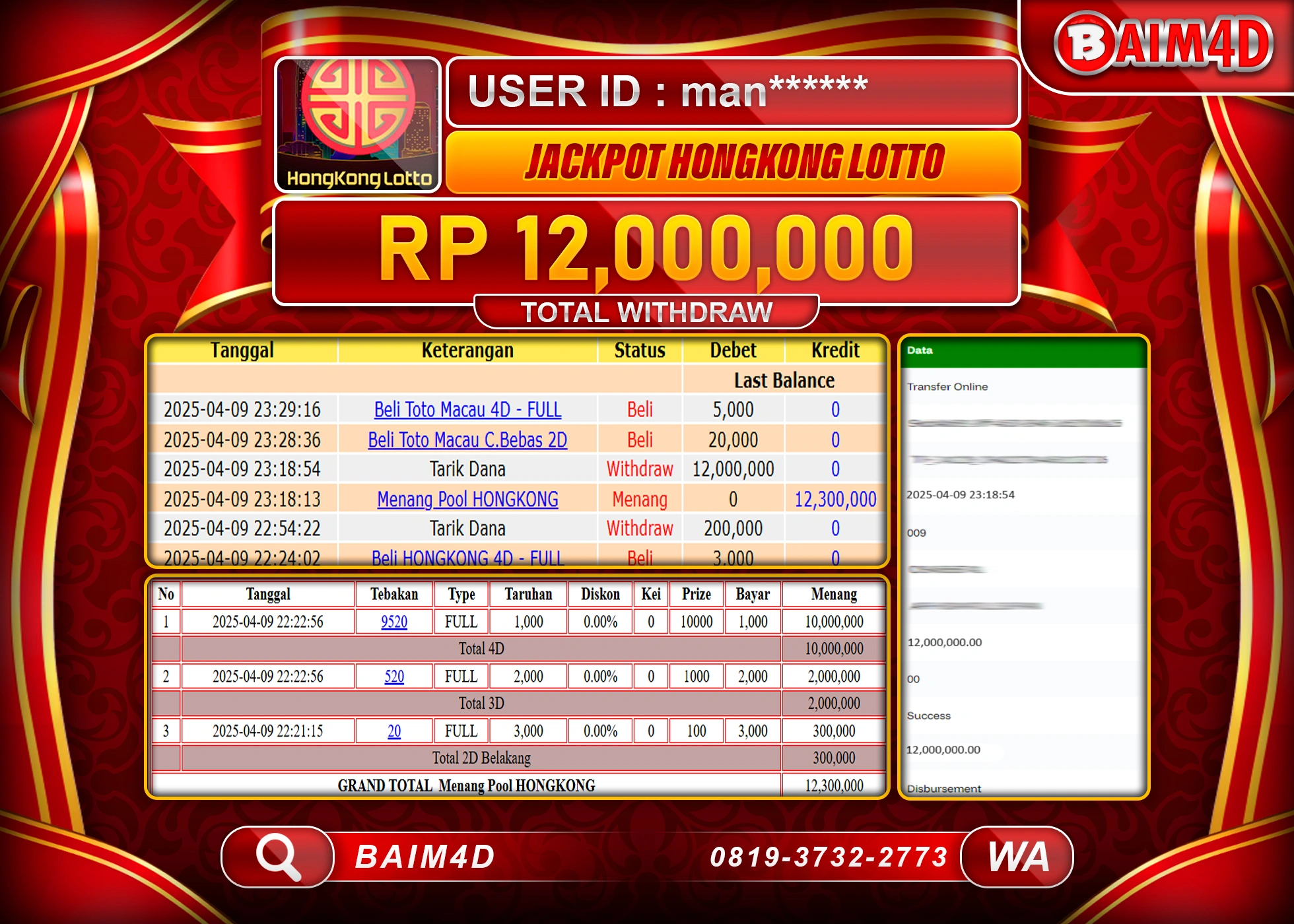 BAIM4D  MENANG HONGKONG LOTTO  Rp.12.000,000.- LUNAS