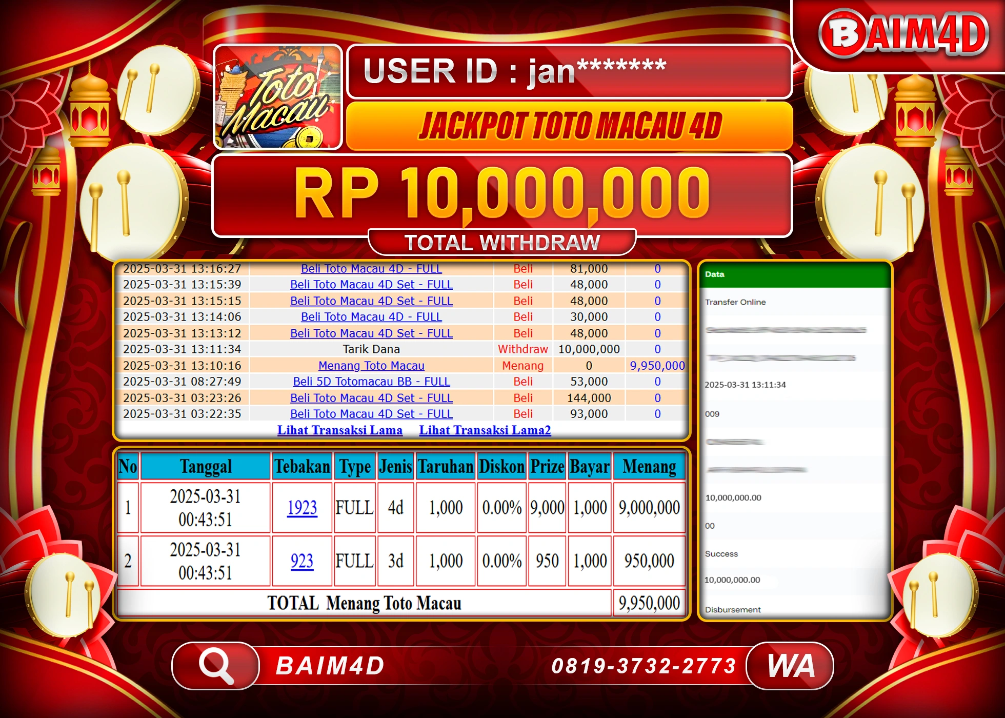 BAIM4D  MENANG JACKPOT TOTO MACAU Rp.10.000,000.- LUNAS