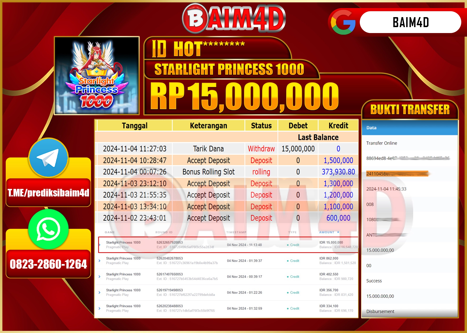 BAIM4D JACKPOT Starlight Princess 1000 Rp.15,000,000.- LUNAS