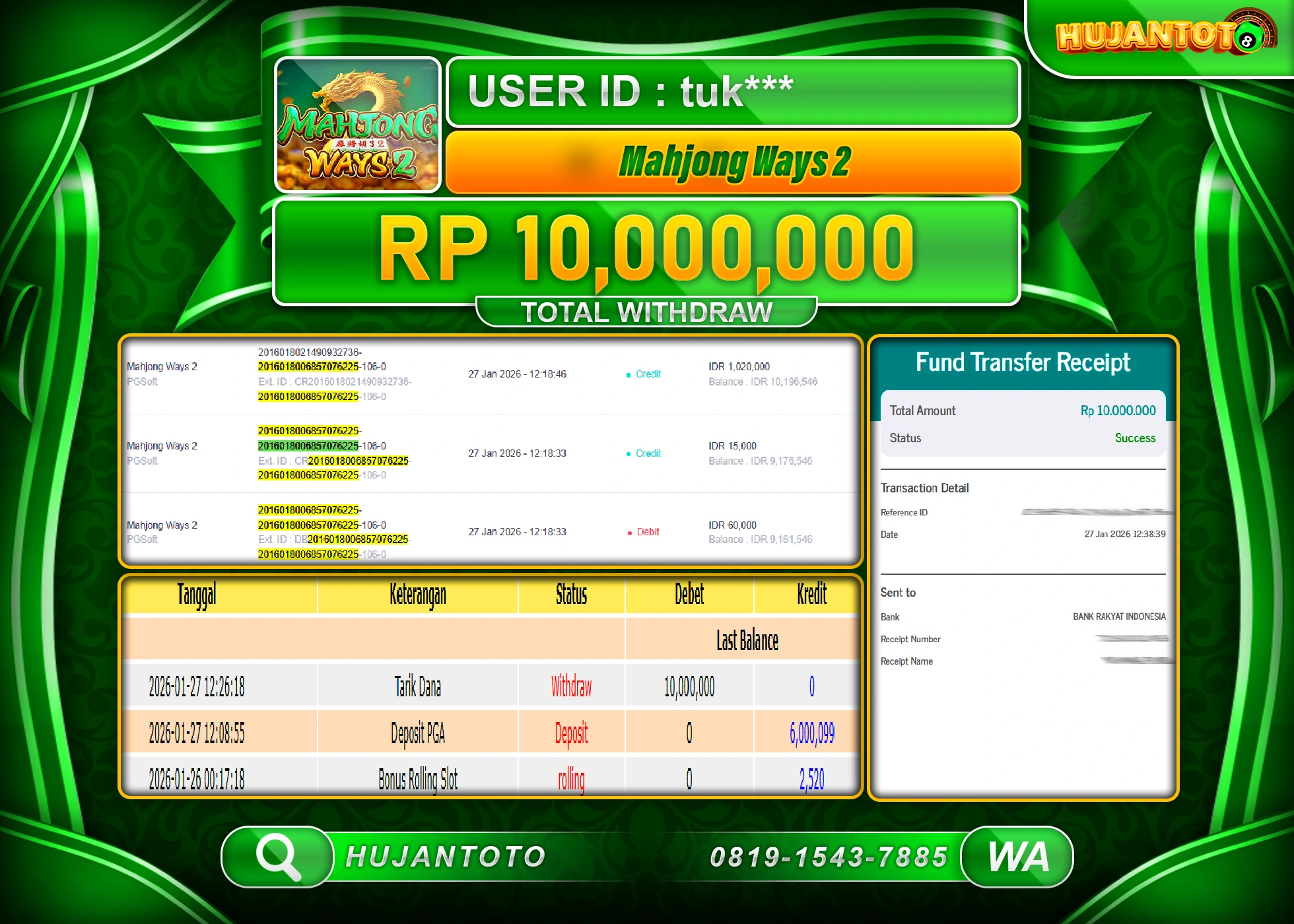 HUJANTOTO - BUKTI JACKPOT MENANG SLOT MAHJONG WAYS 2 Rp.10,000,000 - TERBAYAR LUNAS