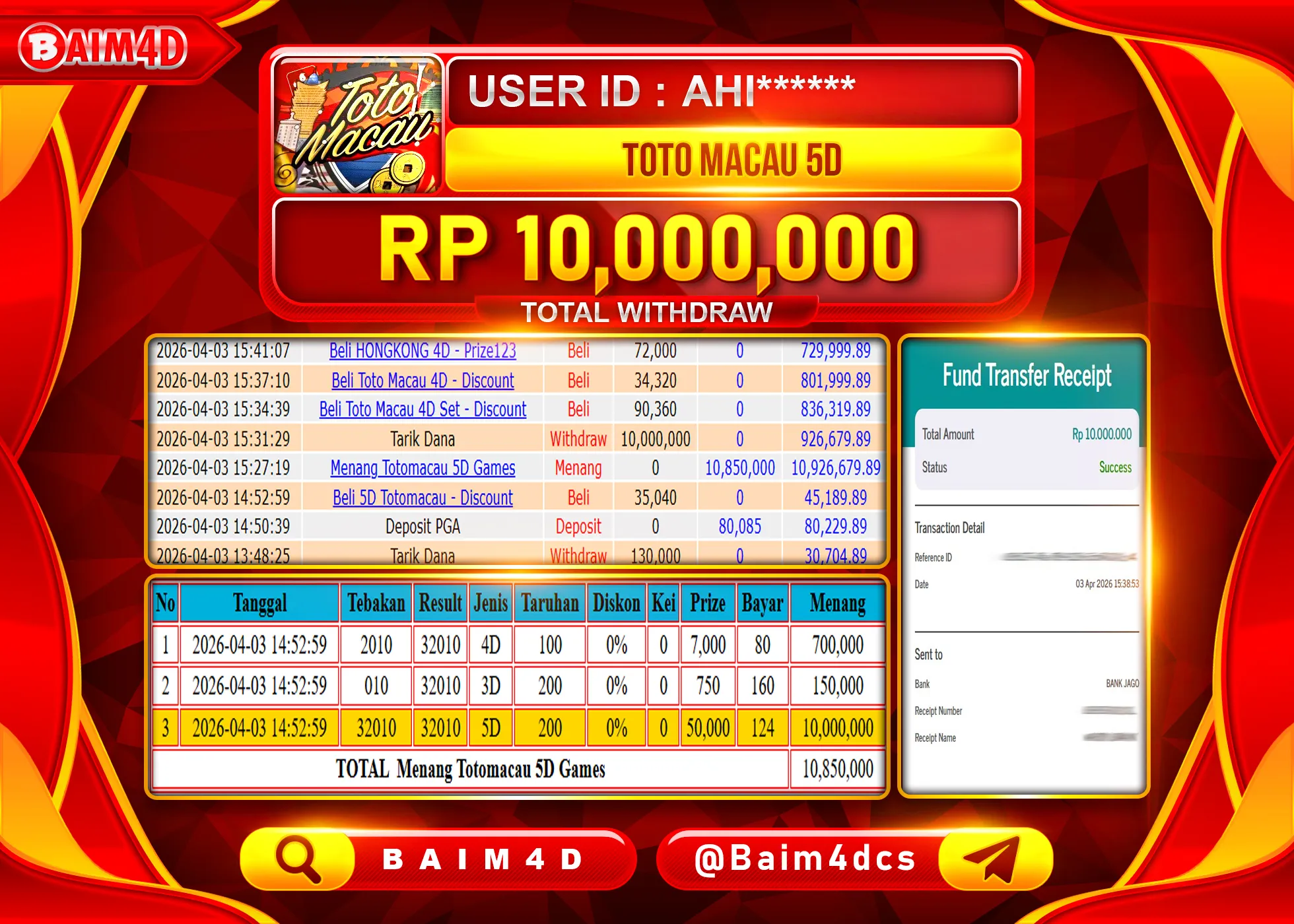 BAIM4D JACKPOT TOTO MACAU 5D Rp.10,000,000 - LUNAS