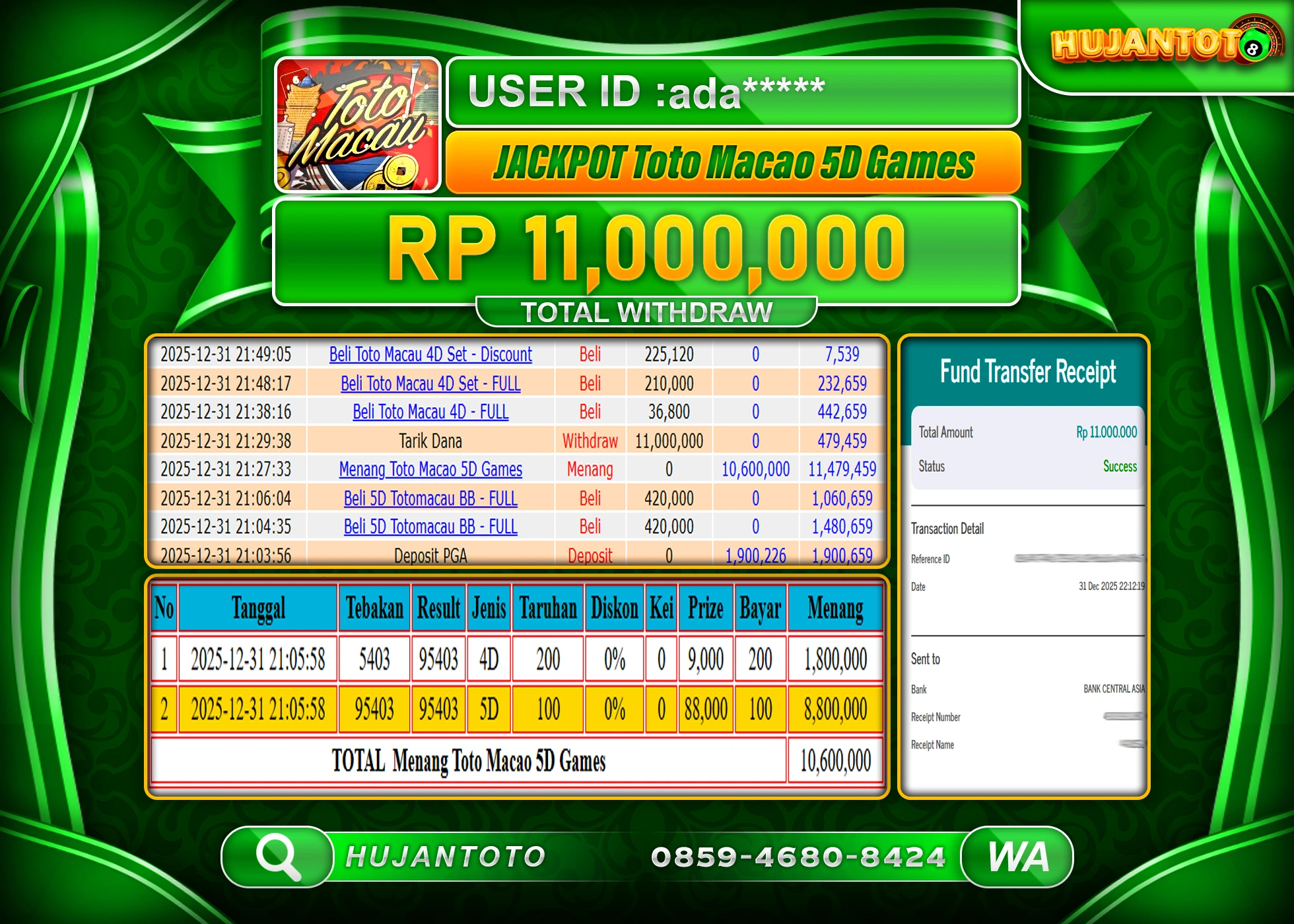HUJANTOTO - BUKTI JACKPOT MENANG TOGEL TOTO MACAU 5D Rp.11,000,000 - TERBAYAR LUNAS