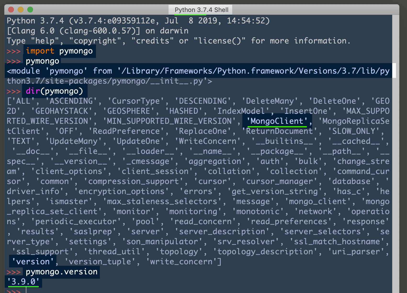 Python IDLE for Python 3.7 importing PyMongo library and returning version string