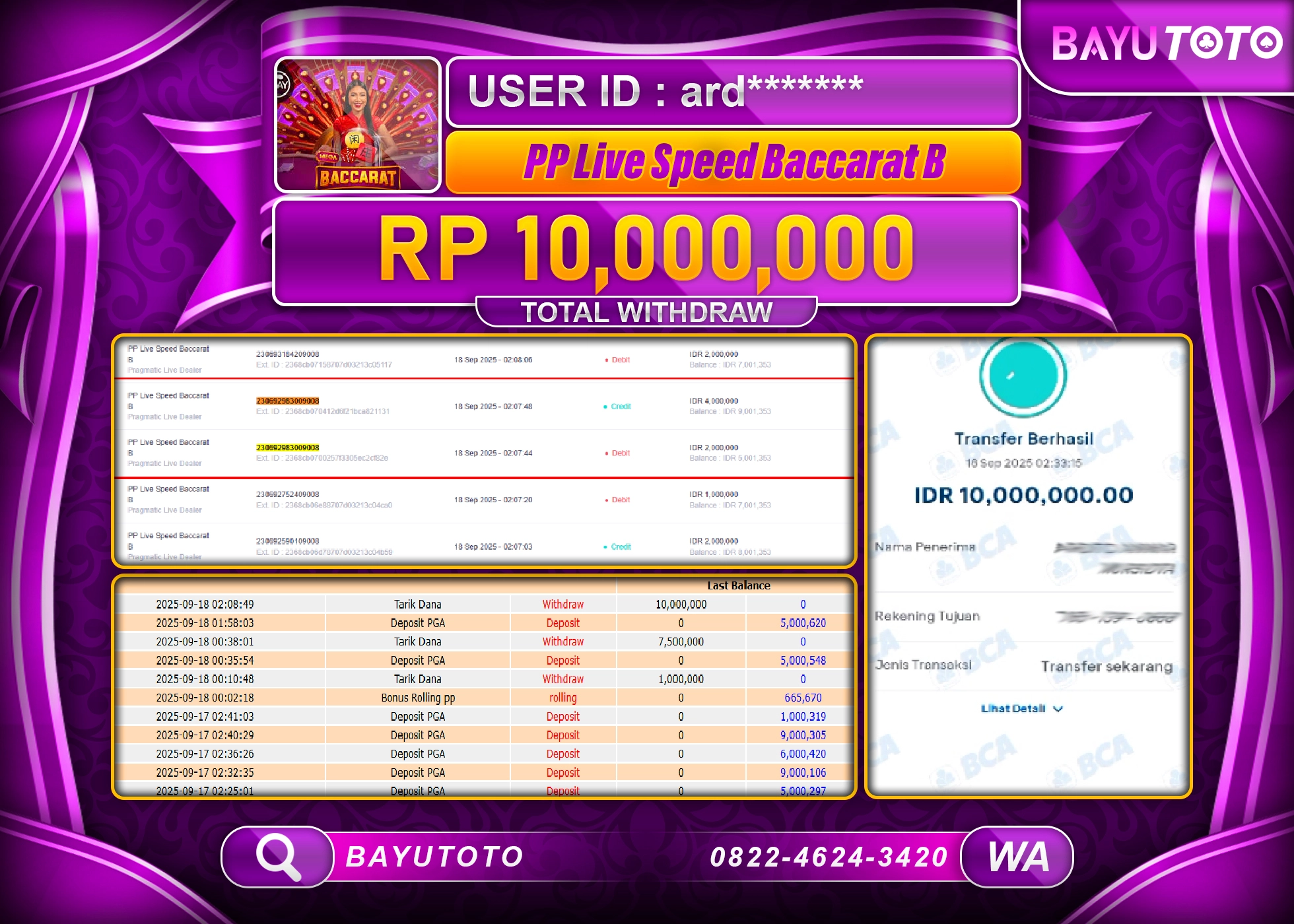 BAYUTOTO JACKPOT DI GAME  LIVEGAMES PP LIVE SPEED BACCARAT B Rp.10,000,000 LUNAS