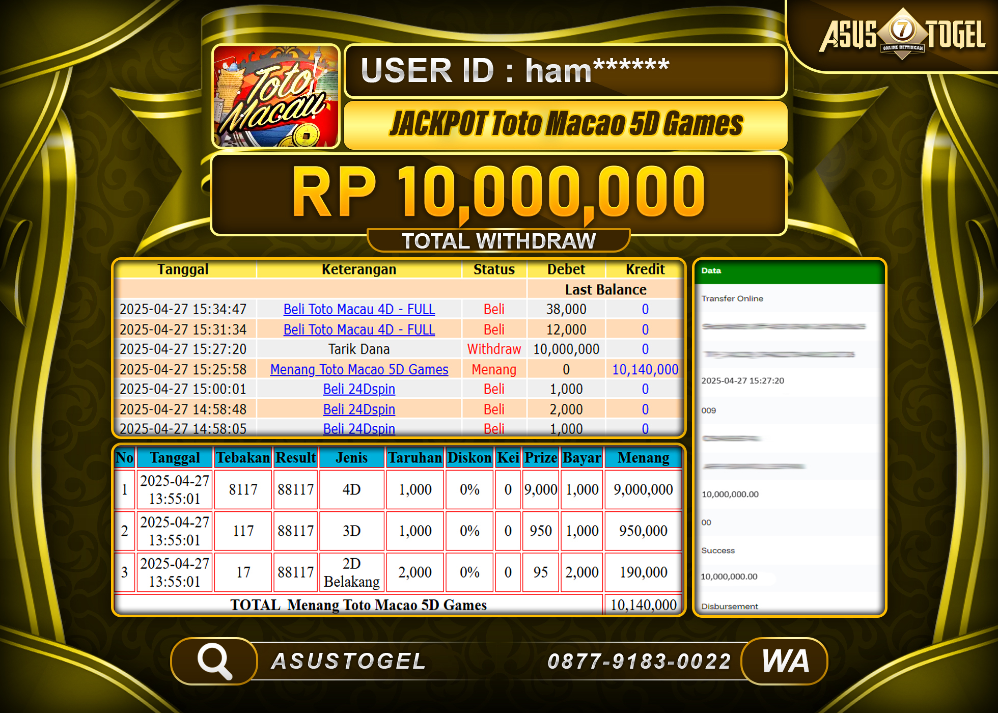 ASUSTOGEL KEMENANGAN DI TOGEL TOTO MACAU 5D SEBESAR 10,000,000- RUPIAH LUNAS