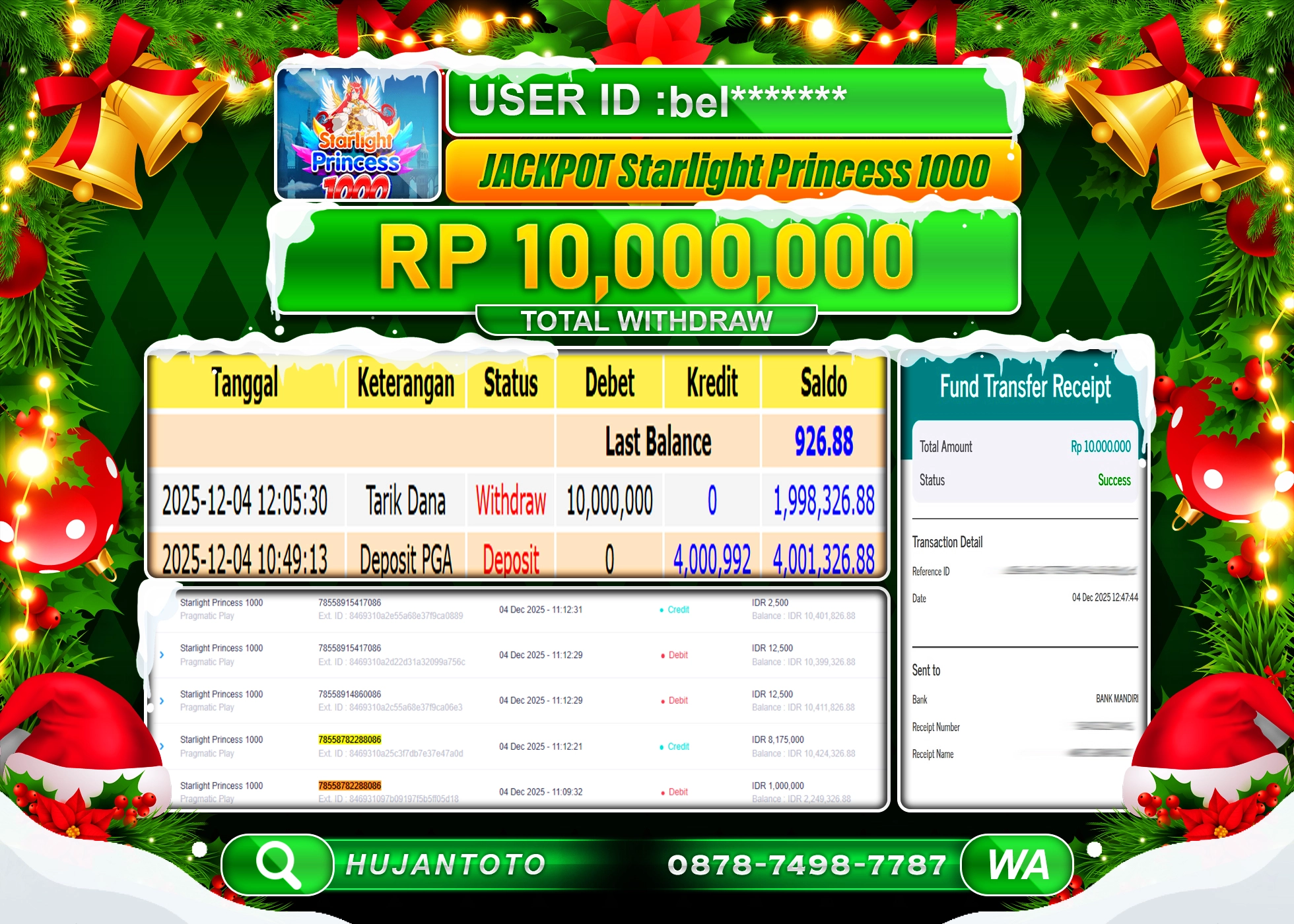 HUJANTOTO - BUKTI JACKPOT MENANG SLOT STARLIGHT PRINCESS 1000 Rp.10,000,000 - TERBAYAR LUNAS